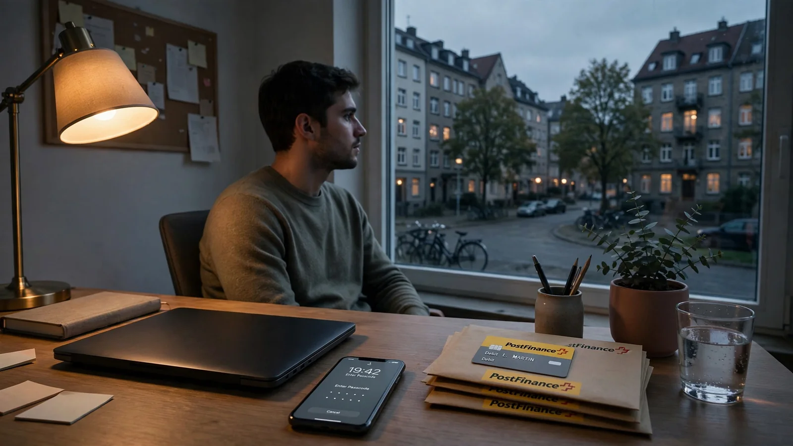 Arbeitsplatz mit Laptop und PostFinance-Unterlagen in einer deutschen Wohnung am Abend.