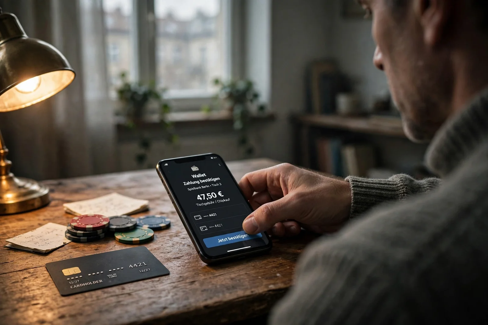 Person bestätigt Skrill-Einzahlung mit Smartphone neben Casino-Chips und Karte.