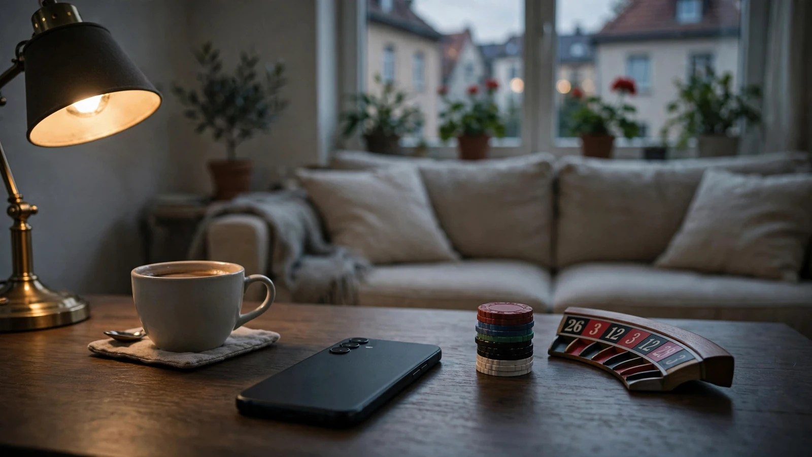 Smartphone neben Casino-Chips und Roulette auf einem Tisch bei warmem Licht.