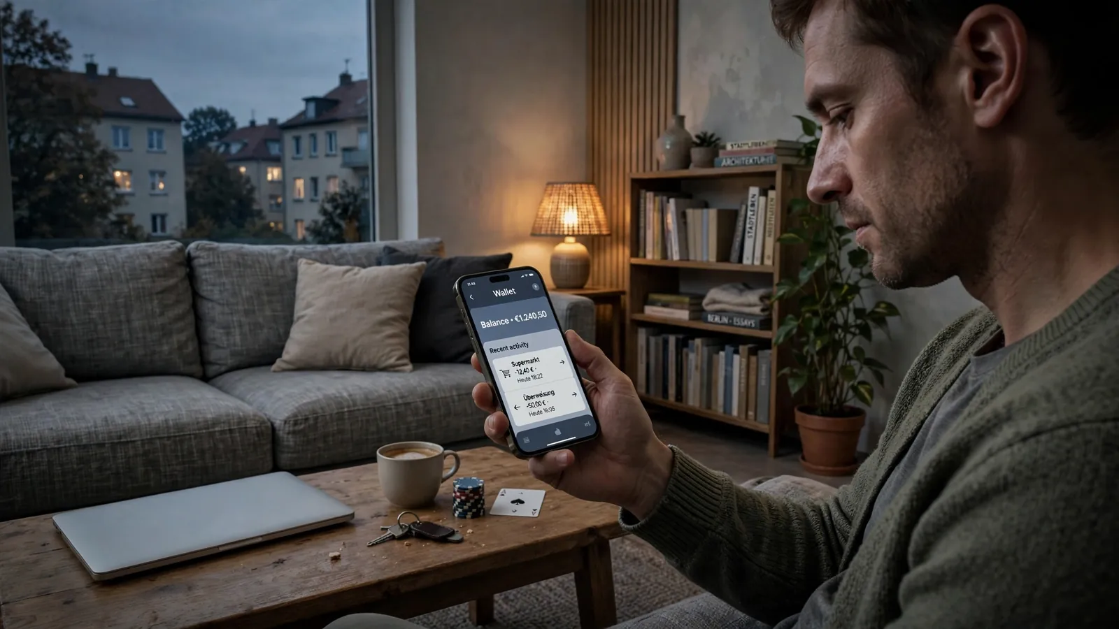 Abendliche Szene im deutschen Wohnzimmer mit Smartphone, Casino-Chips und geschlossenem Laptop.