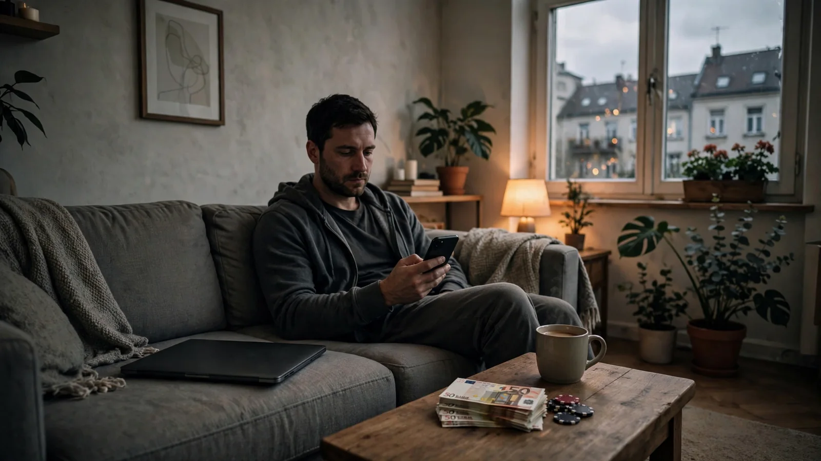 Mann auf Sofa mit Smartphone, Kaffeetasse und Euro-Geldscheinen auf dem Tisch