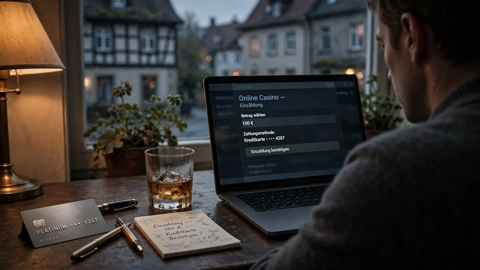 Premium-Kreditkarte neben Laptop auf Schreibtisch bei Abendlicht