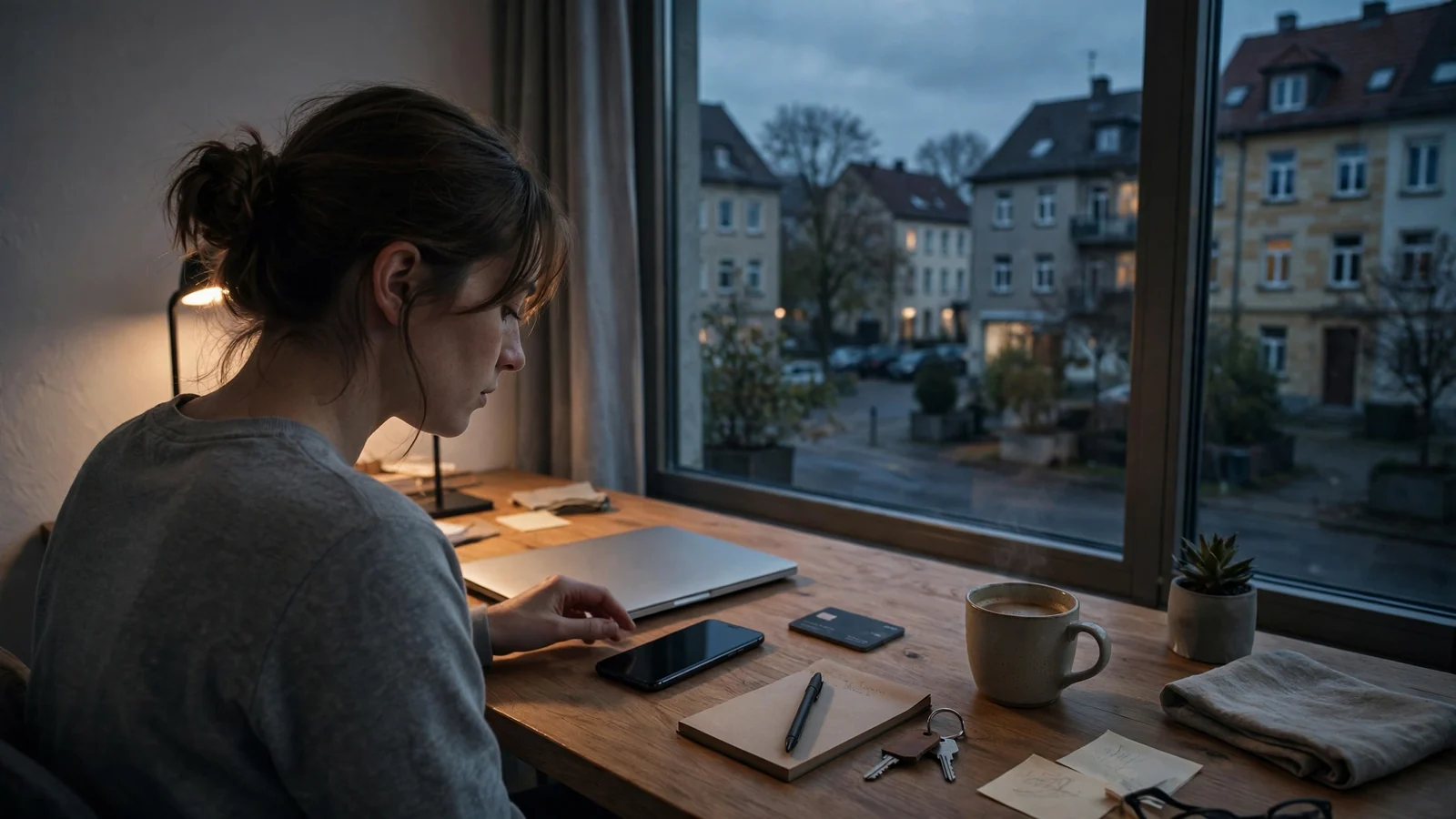 Erwachsener am Schreibtisch mit Smartphone und Laptop, Ecopayz-Wallet-Szene in Wohnung.