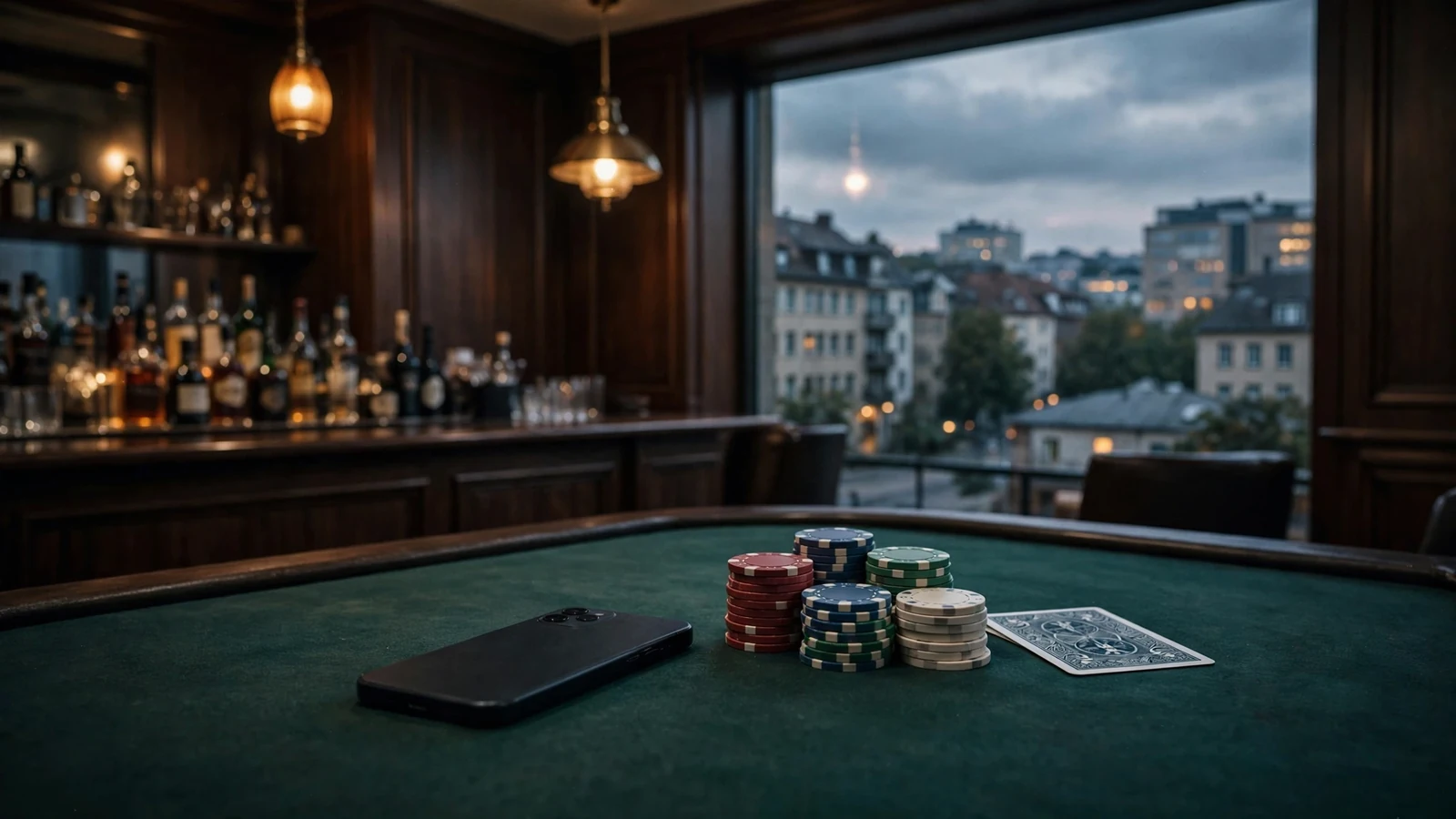 Smartphone verdeckt auf grünem Filztisch neben gestapelten Casino-Chips und Spielkarte in eleganter deutscher Lounge