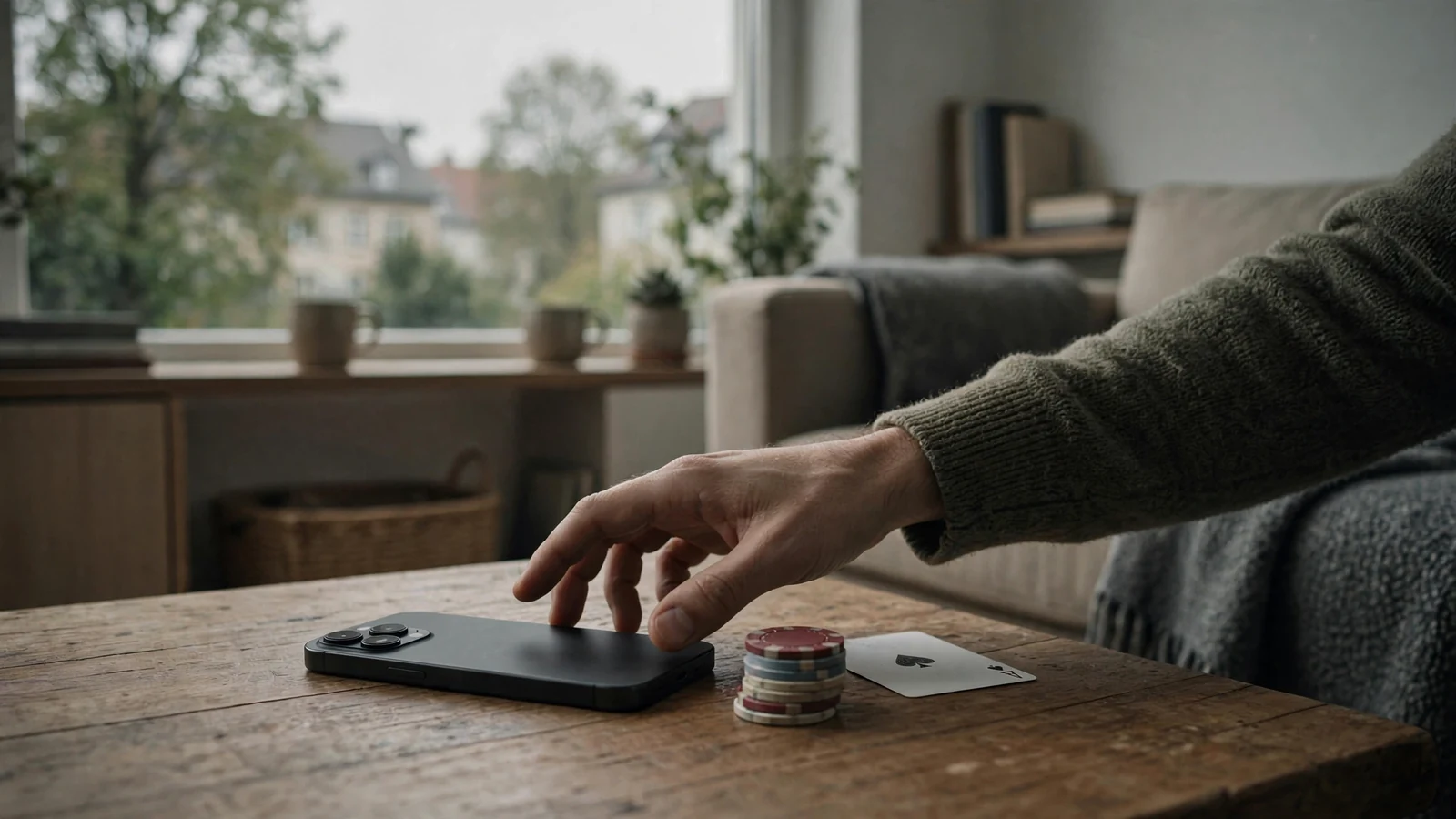 Smartphone neben Casino-Figuren auf einem Tisch, Hand greift zum Gerät.