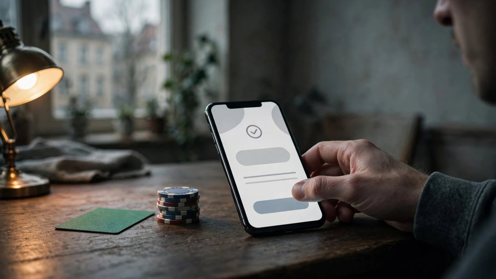 Smartphone mit Bezahlvorgang auf einem Tisch mit Casino-Chips.