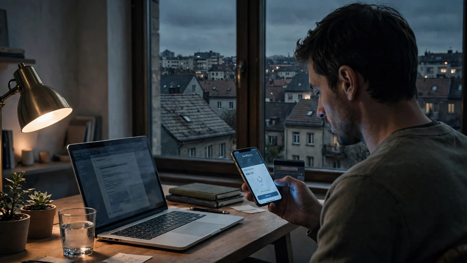 Person am Schreibtisch mit Laptop, Smartphone und Kreditkarte in einer deutschen Wohnung bei Nacht.