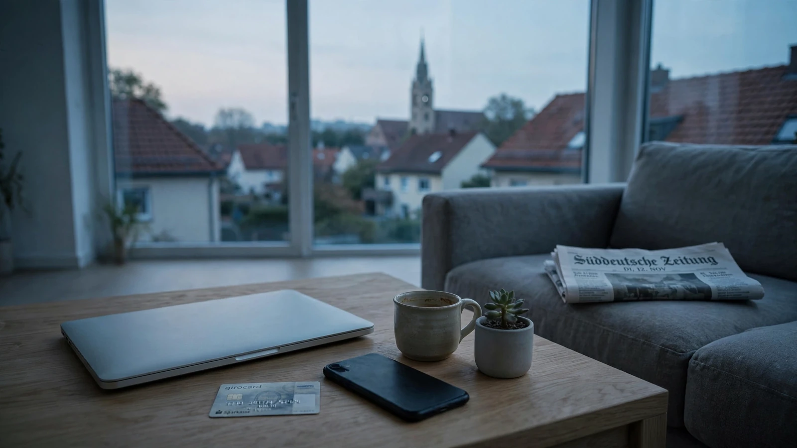 Modernes deutsches Wohnzimmer bei Abendlicht mit geschlossenem Laptop, EC-Karte und Smartphone auf dem Couchtisch.