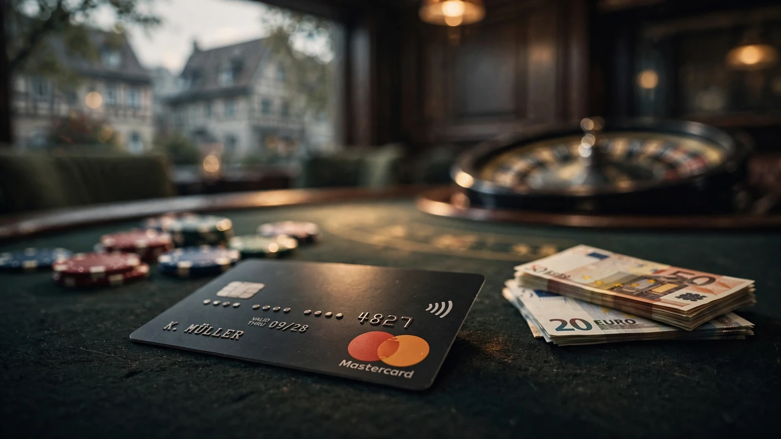 Mastercard-Kreditkarte auf Casinotisch mit Jetons und Roulette im Hintergrund