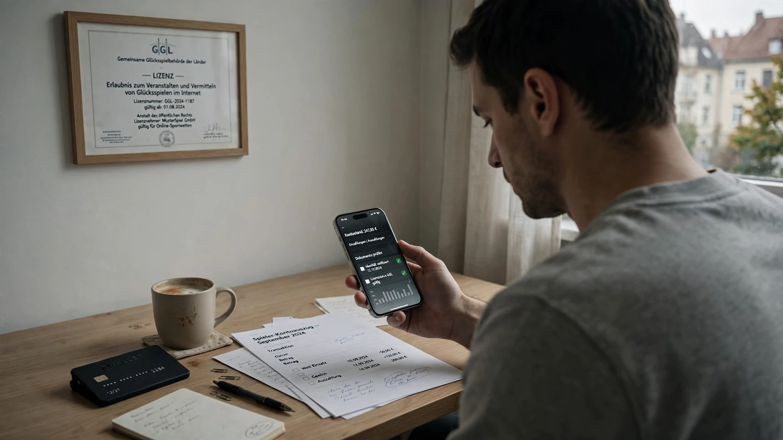Spieler prüft GGL-Lizenz und MiFinity-Einzahlung am Smartphone zu Hause