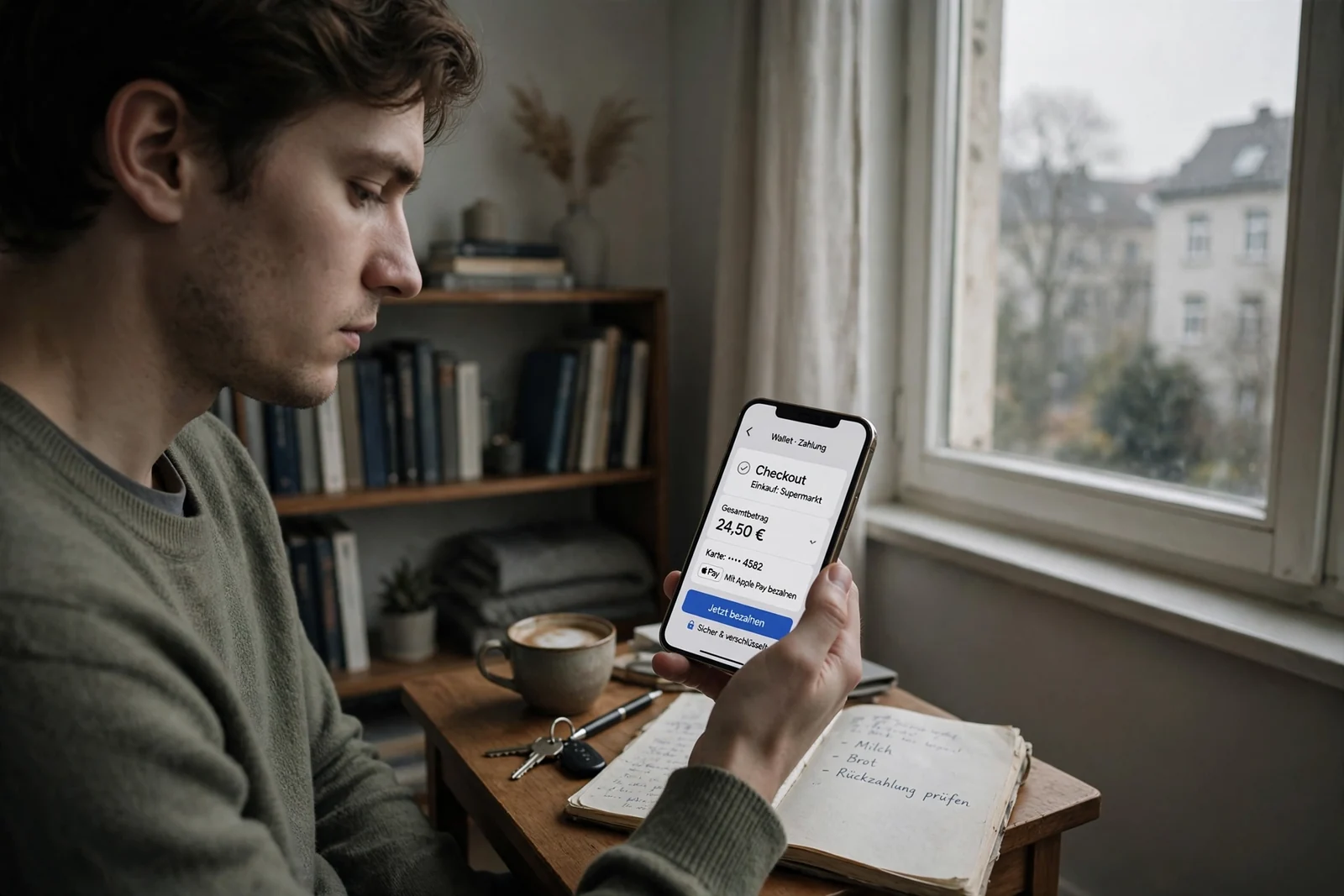 Person prüft MuchBetter-Einzahlung auf dem Smartphone am Schreibtisch