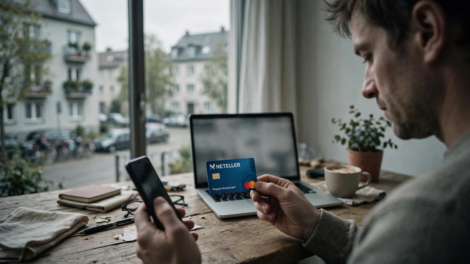 Person nutzt Smartphone und Neteller-Karte am Schreibtisch für Online-Casino-Einzahlung.