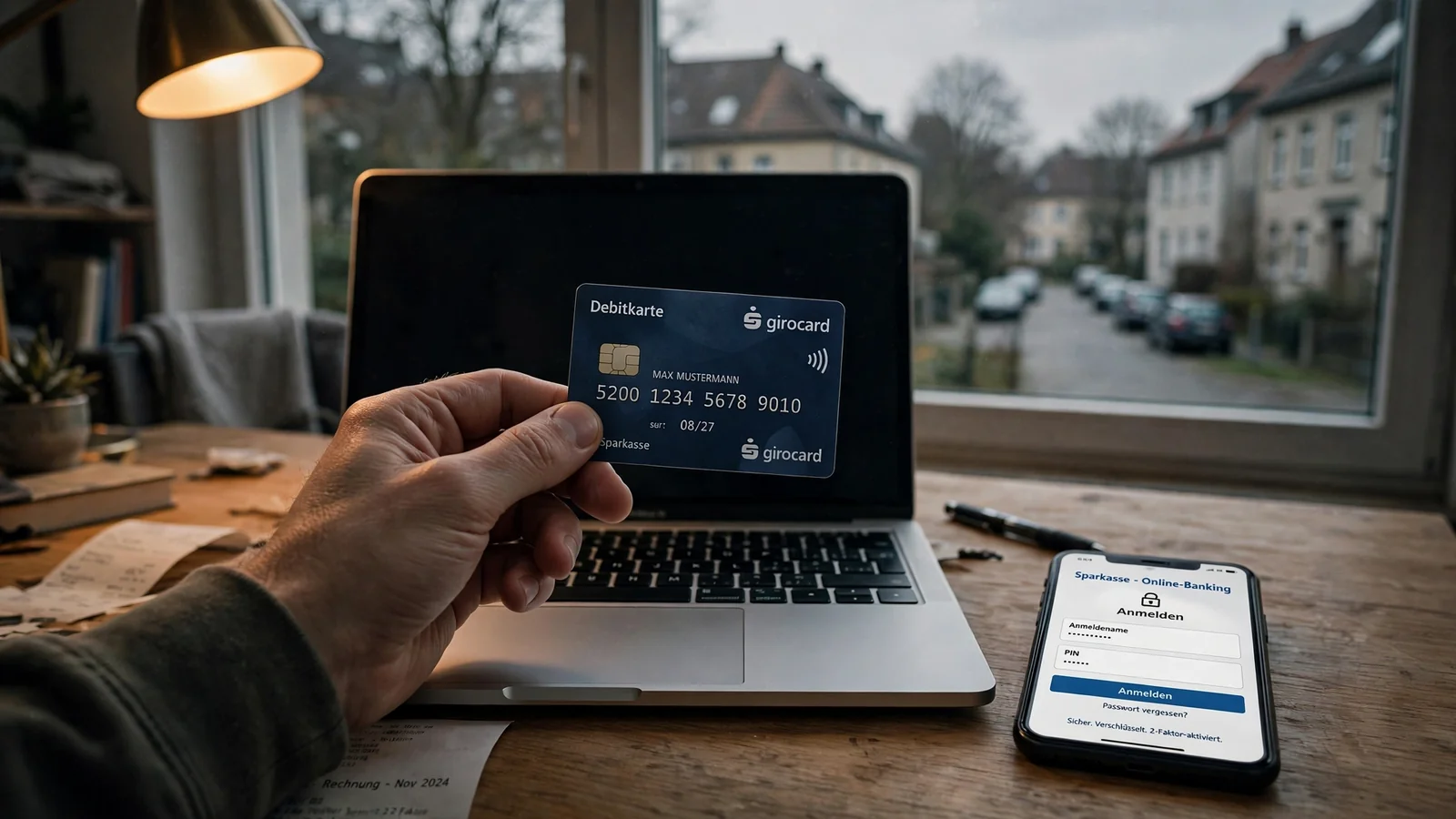 Hand mit deutscher Bankkarte über Laptop und Smartphone mit Banking-App auf Schreibtisch.