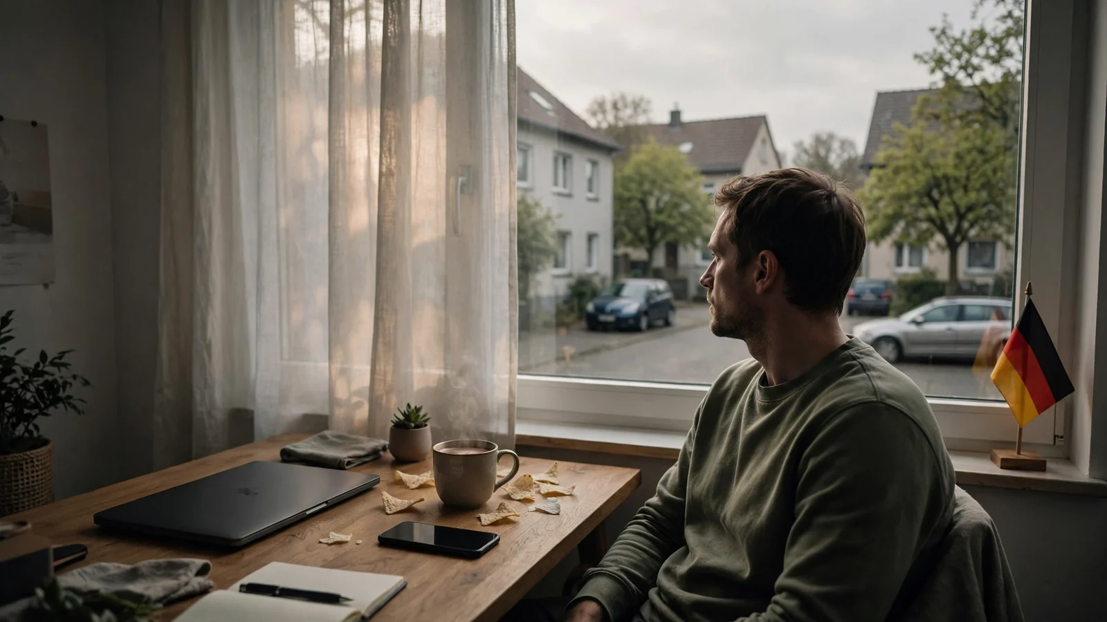 Modernes Heimbüro in Deutschland mit Laptop und Smartphone auf dem Schreibtisch