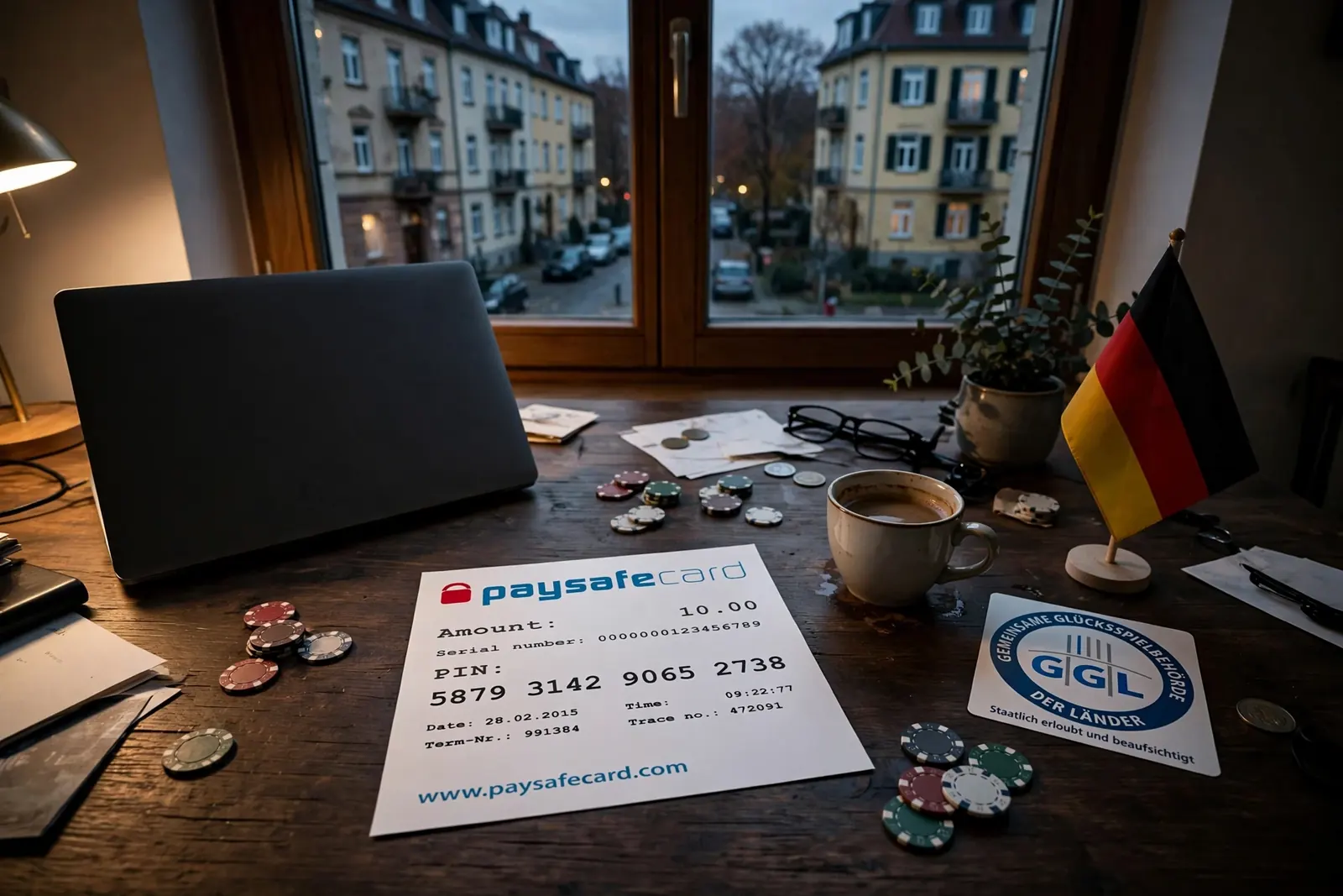 Schreibtisch mit Paysafecard-Gutschein, Casino-Chips und Laptop in deutscher Wohnung