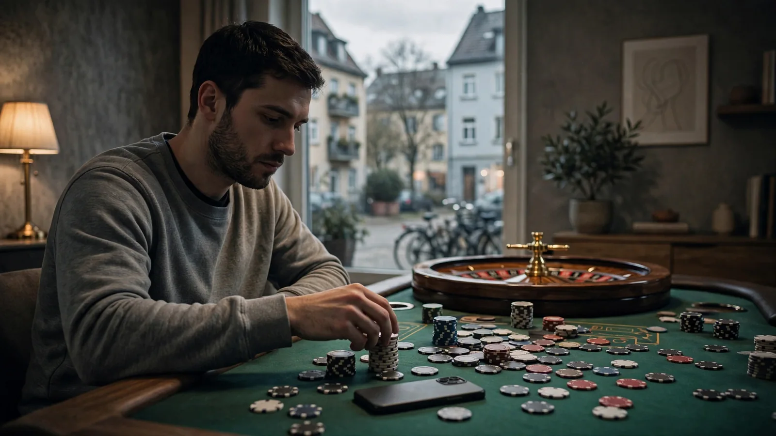 Spieler mit Casino-Chips und Smartphone am Spieltisch in deutscher Wohnung