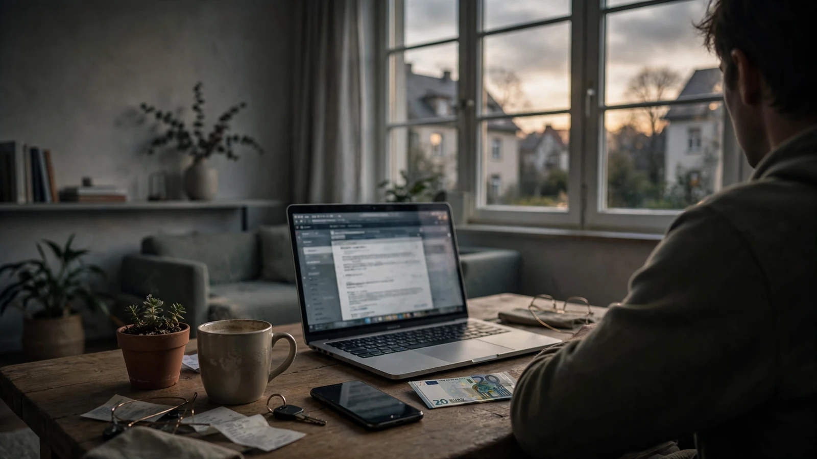 Wohnzimmer mit Laptop, Smartphone und Euro-Schein auf dem Tisch