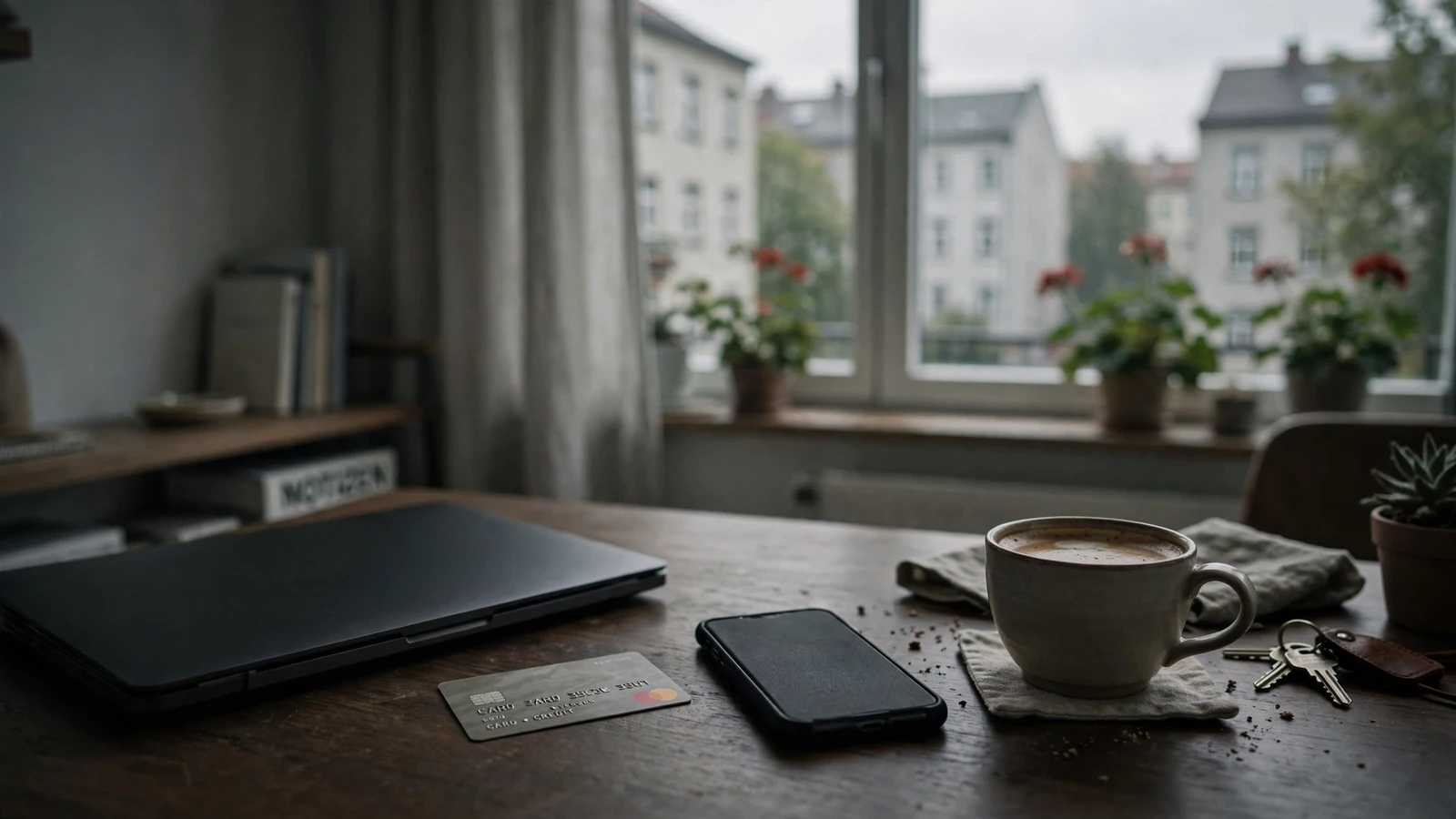 Kreditkarte neben einem geschlossenen Laptop und Smartphone auf einem Tisch