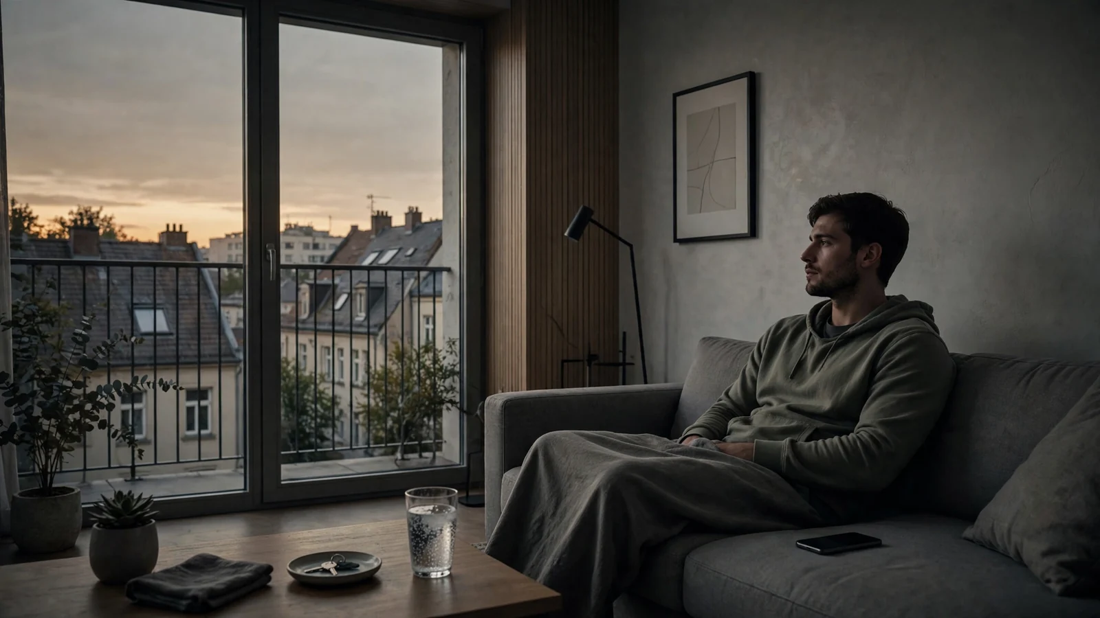 Mann auf Sofa mit Smartphone in deutscher Wohnung am Abend