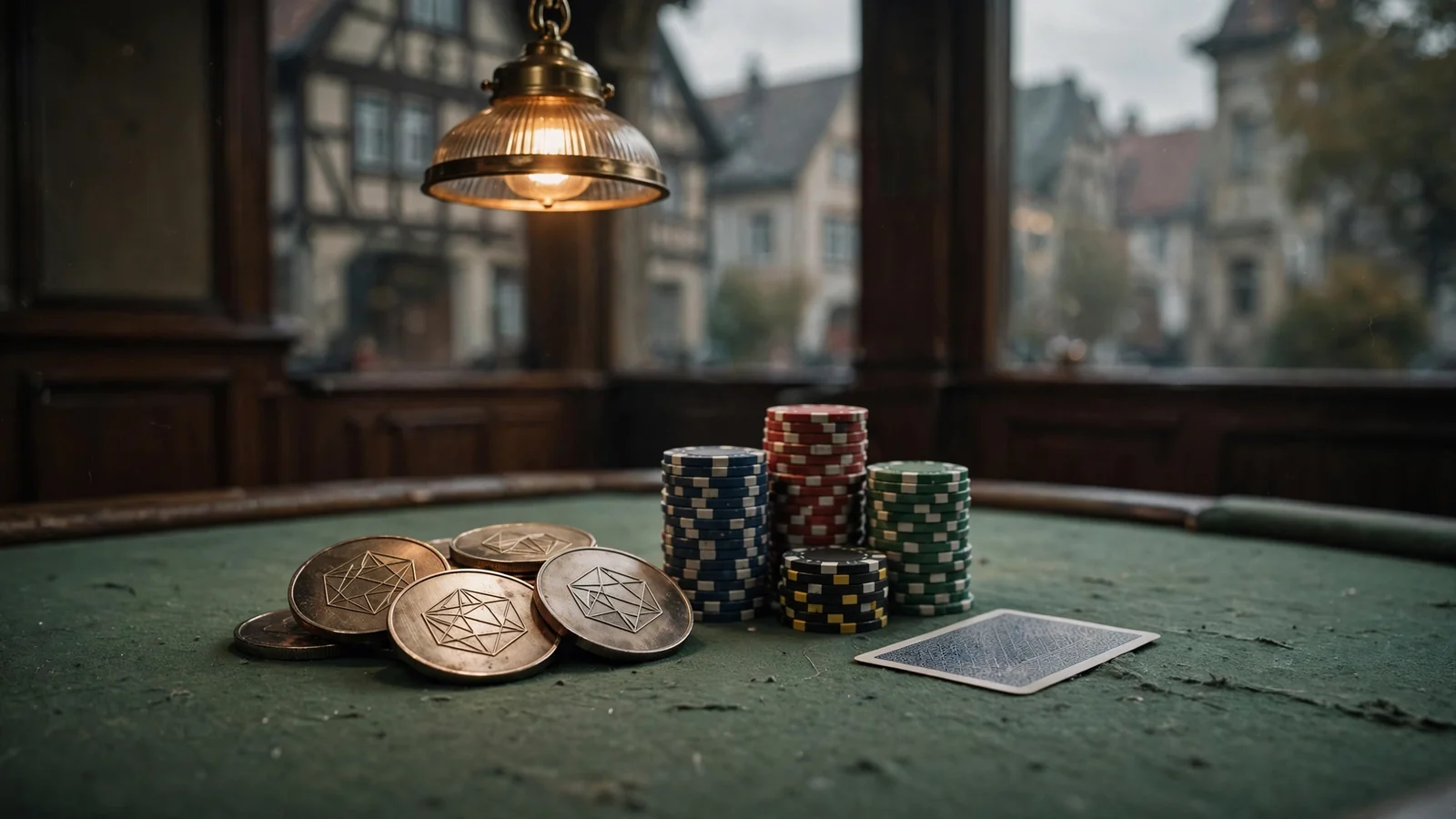 Casino-Tisch mit grünem Filz, Krypto-Münzen und Spielchips unter warmer Pendellampe