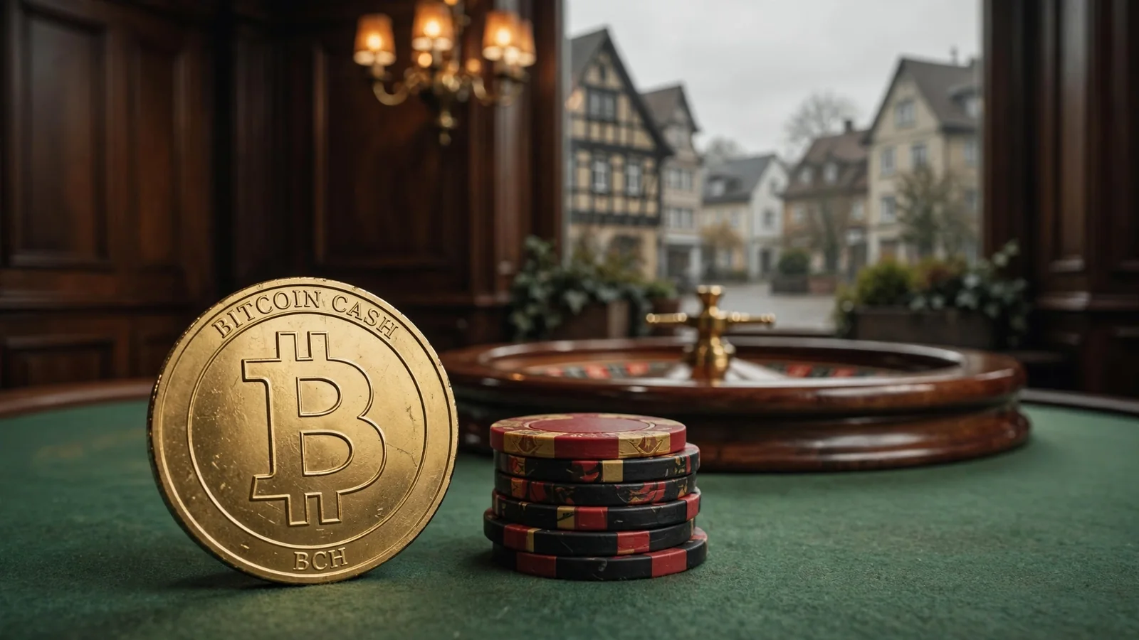 Goldene Bitcoin-Cash-Münze auf grünem Spieltisch mit Pokerchips und Roulettekessel im Hintergrund