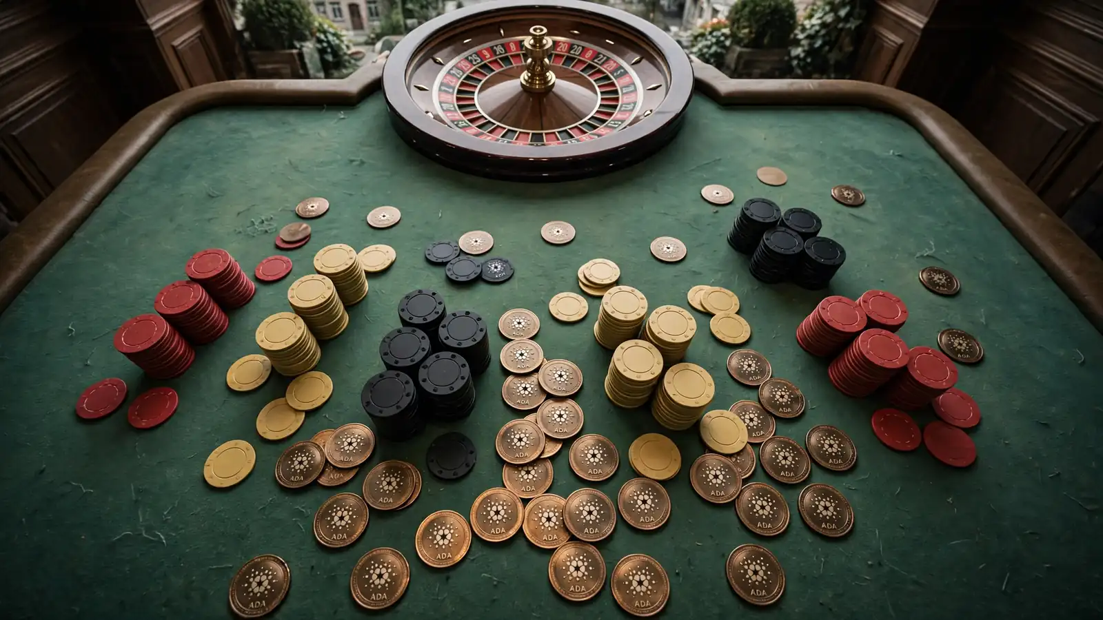 Casino-Tisch mit Roulette-Rad, Poker-Chips und ADA-Kryptowährungs-Münzen in einem europäischen Spielsaal.