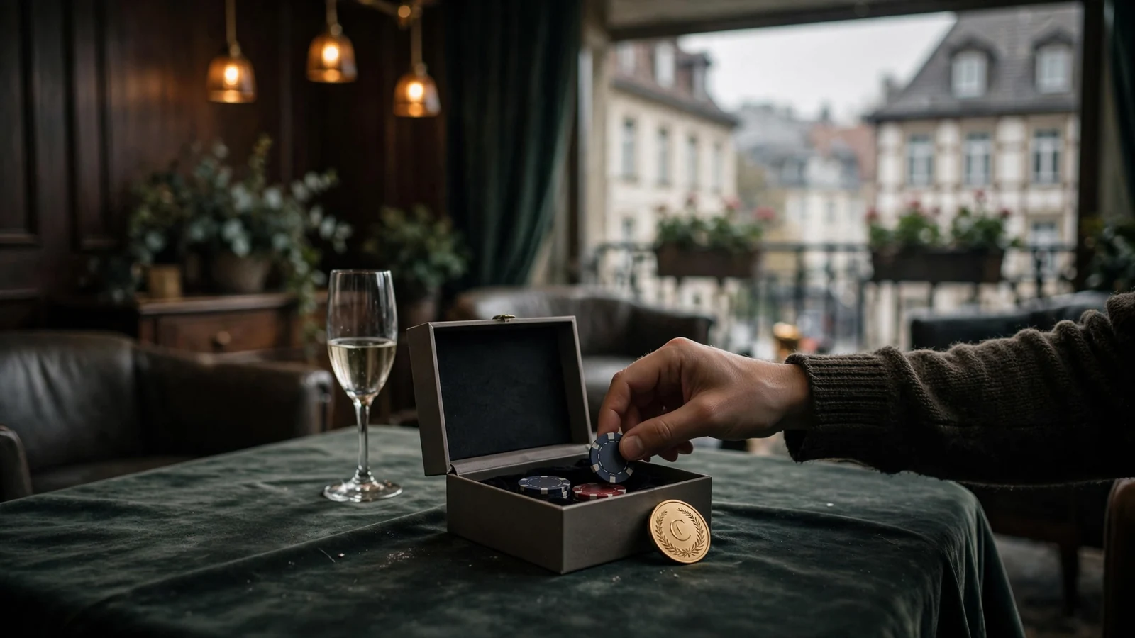 Casino-Lounge mit Geschenkbox voller Spielchips und goldenem Jeton auf einem Samttisch.