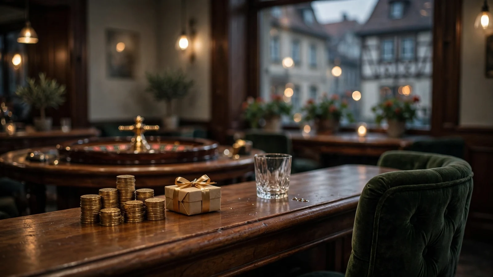Gemütliche Casino-Lounge mit Geschenkbox, Goldmünzen und Roulette