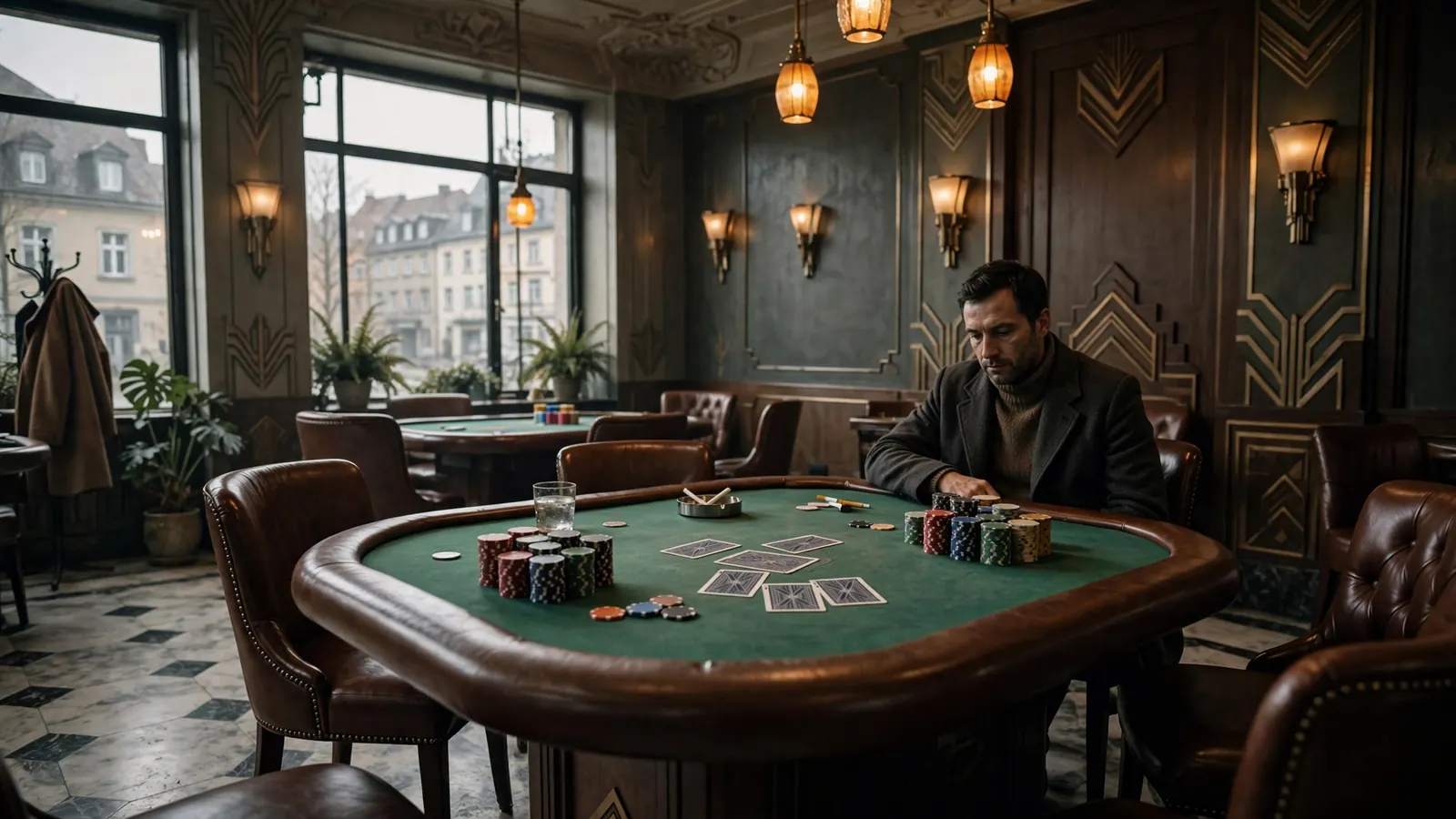 Elegante deutsche Spielbank-Lounge mit Spieltisch, Spielkarten und Chips