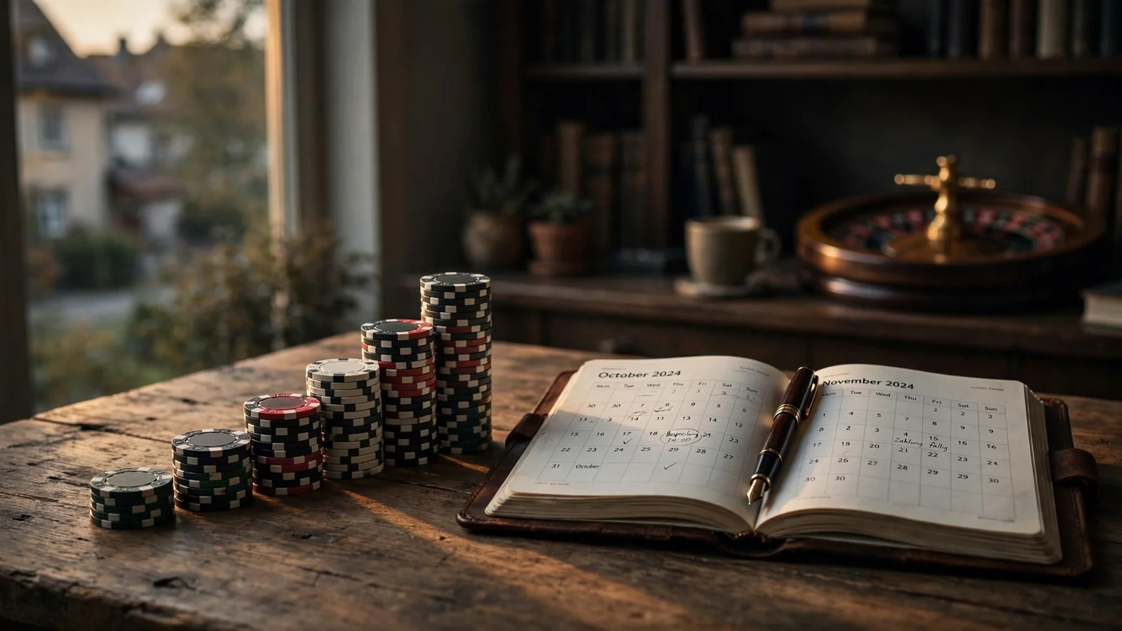 Holztisch mit aufsteigend gestapelten Pokerchips neben einem offenen Terminplaner in warmem Abendlicht.