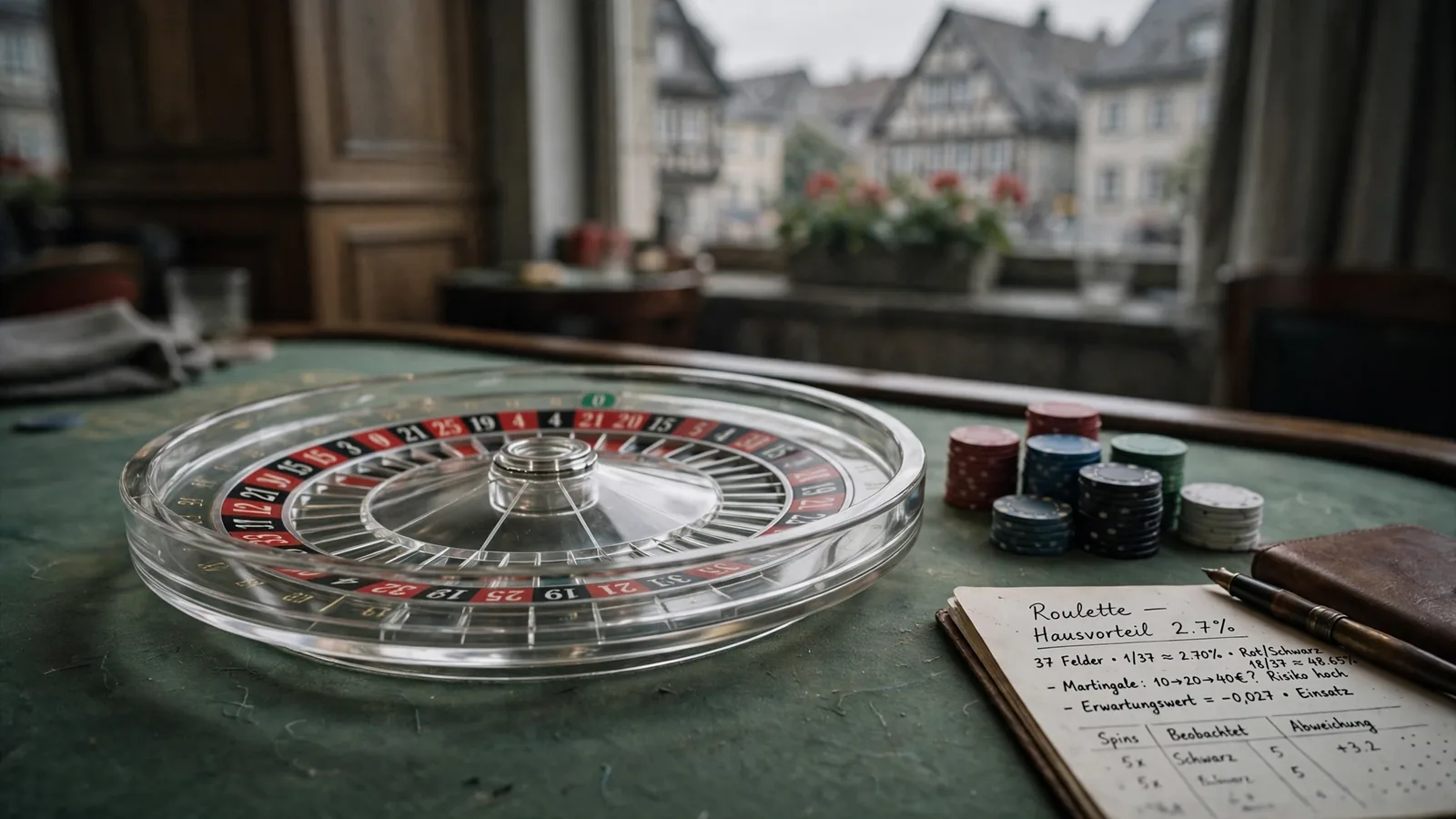 Roulette-Kessel und Spielchips auf grünem Filztisch in einer Spielbank