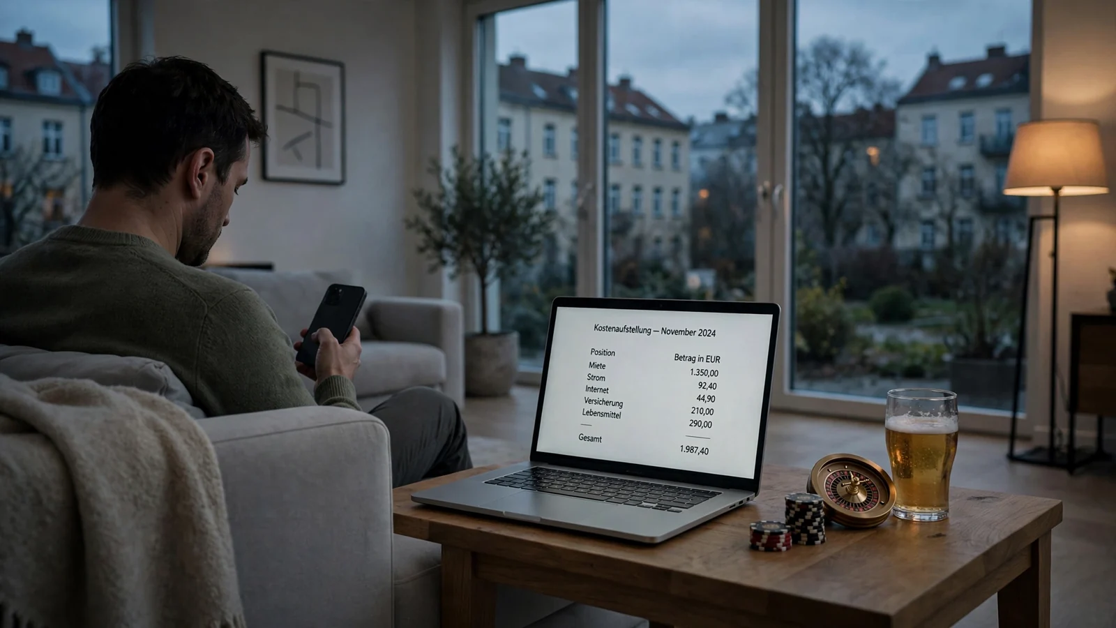Deutsche Wohnung mit Person, Smartphone und Casino-Chips als Einrichtung