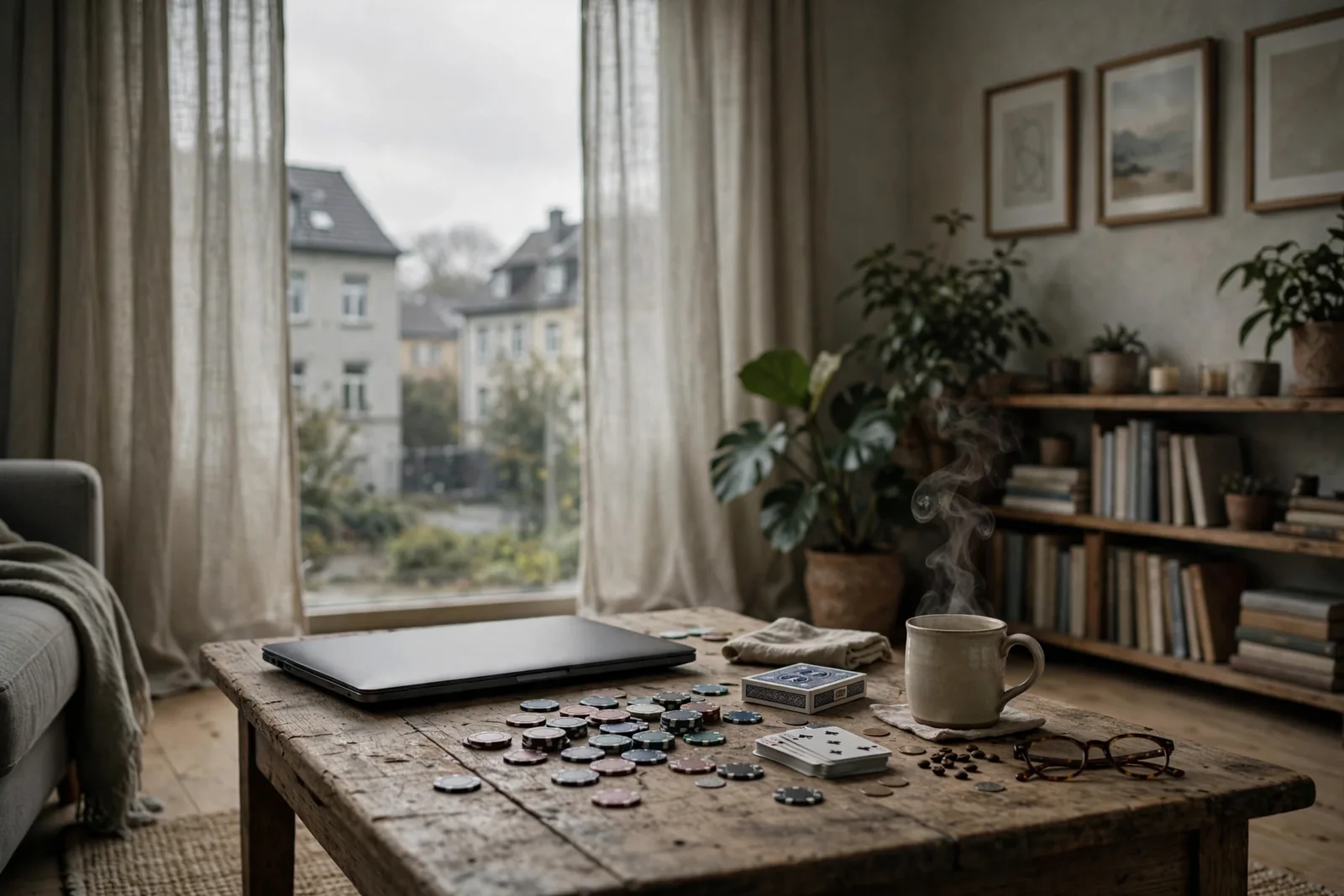 Deutsches Wohnzimmer mit Laptop, Pokerchips und Spielkarten auf dem Couchtisch