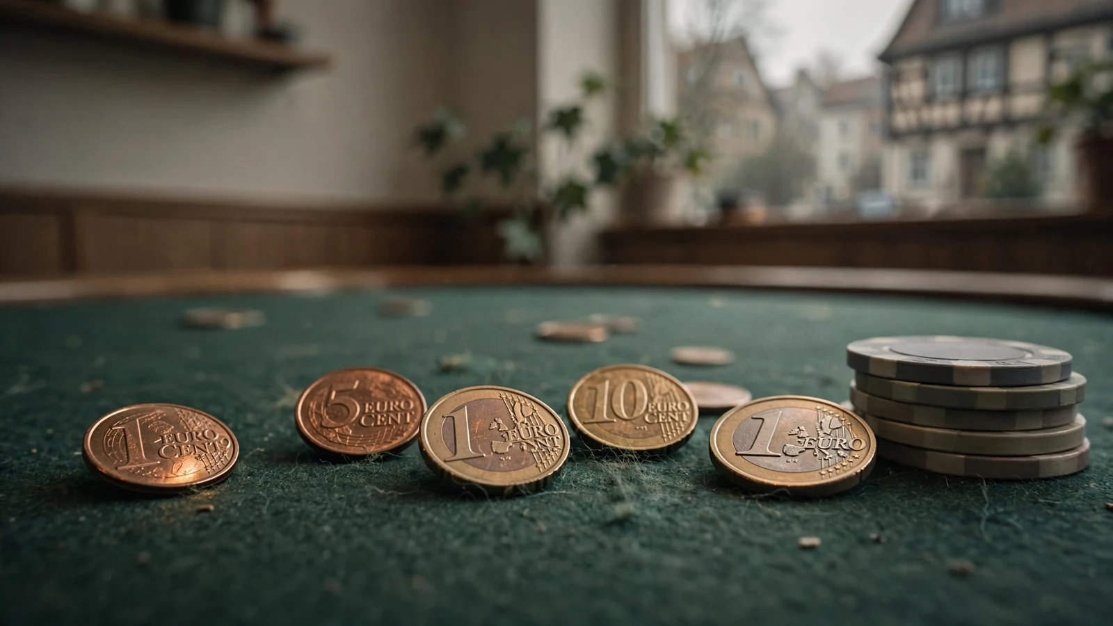 Kleine Euromünzen und ein Stapel Spielchips auf einem grünen Filztisch in einer ruhigen Spielhalle.