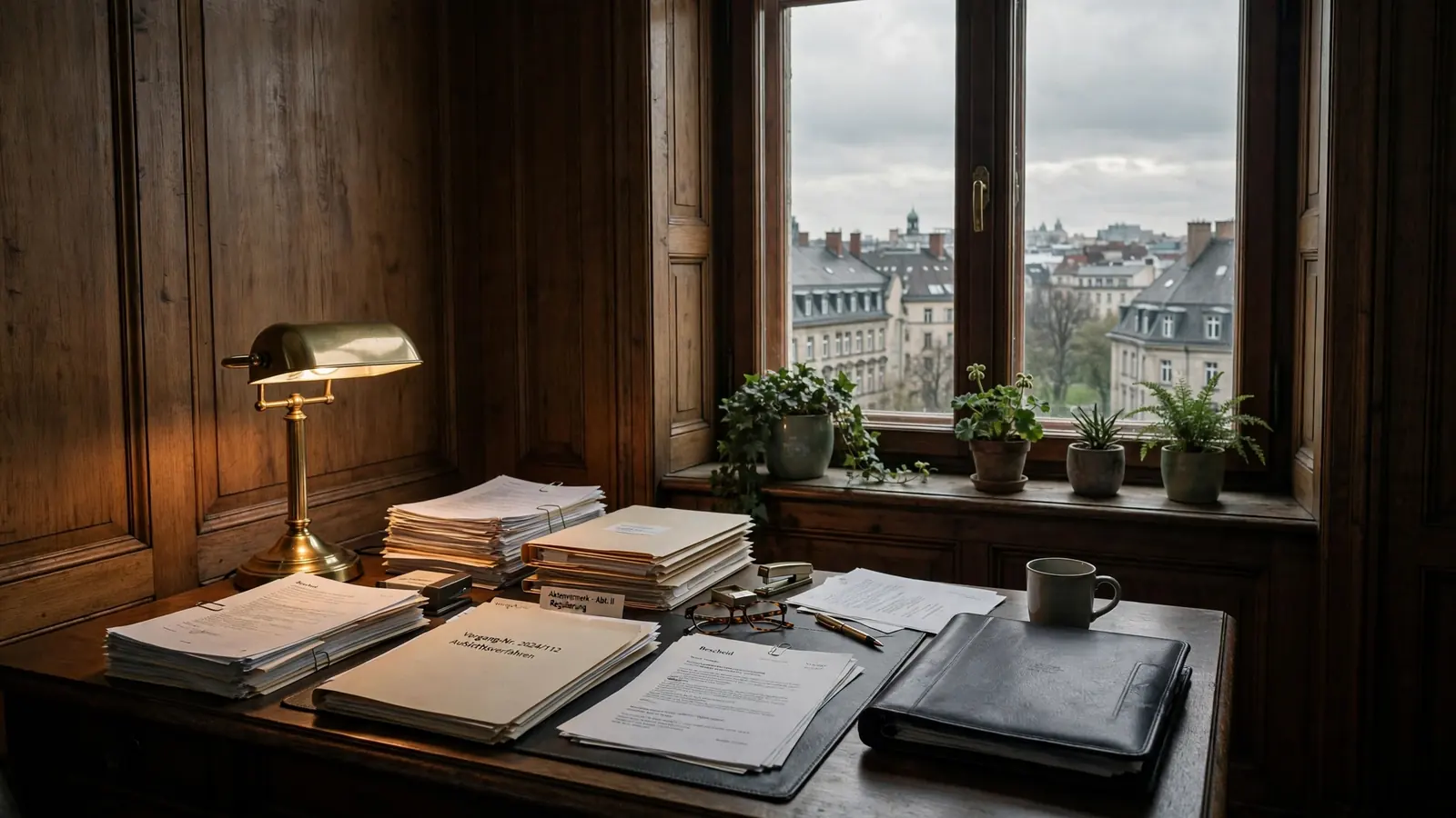 Formelles deutsches Regulierungsbüro mit Dokumenten auf Schreibtisch und Berliner Ausblick