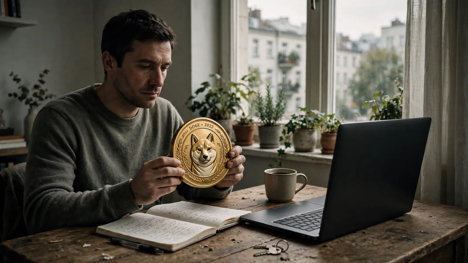 Mann am Schreibtisch mit großer Dogecoin-Münze und Laptop in moderner Berliner Wohnung.