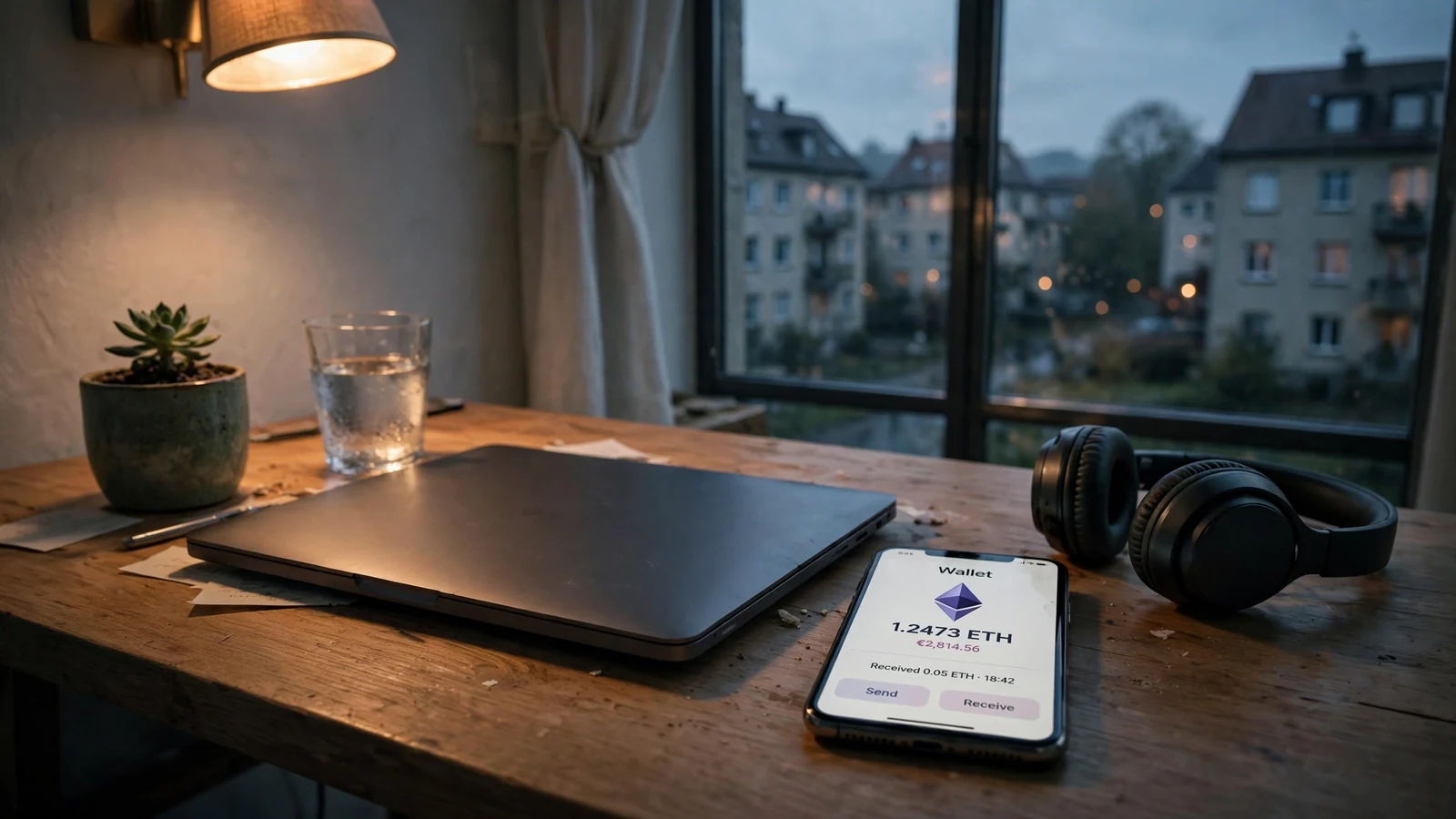 Modernes Home-Office mit Laptop und Smartphone für Ethereum-Transaktionen