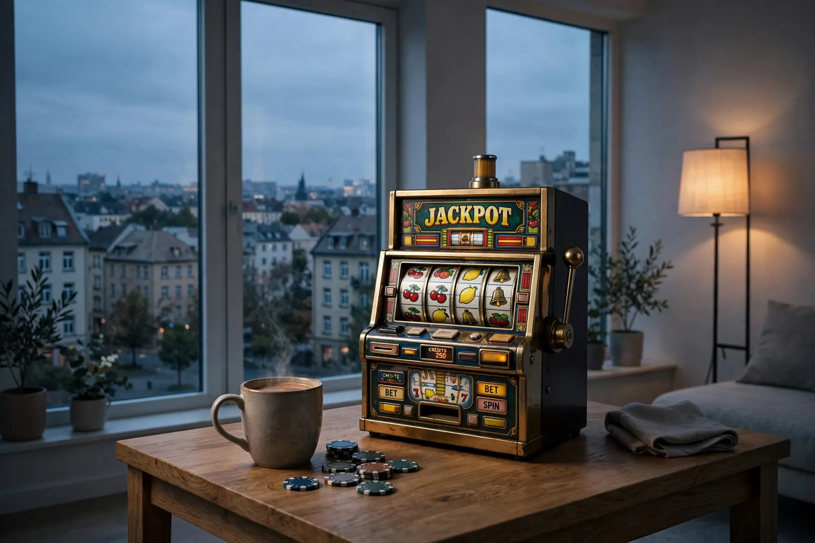 Ein Spielautomat auf einem Holztisch in einem modernen deutschen Wohnzimmer bei Abendlicht mit Kaffeetasse und Spielchips.