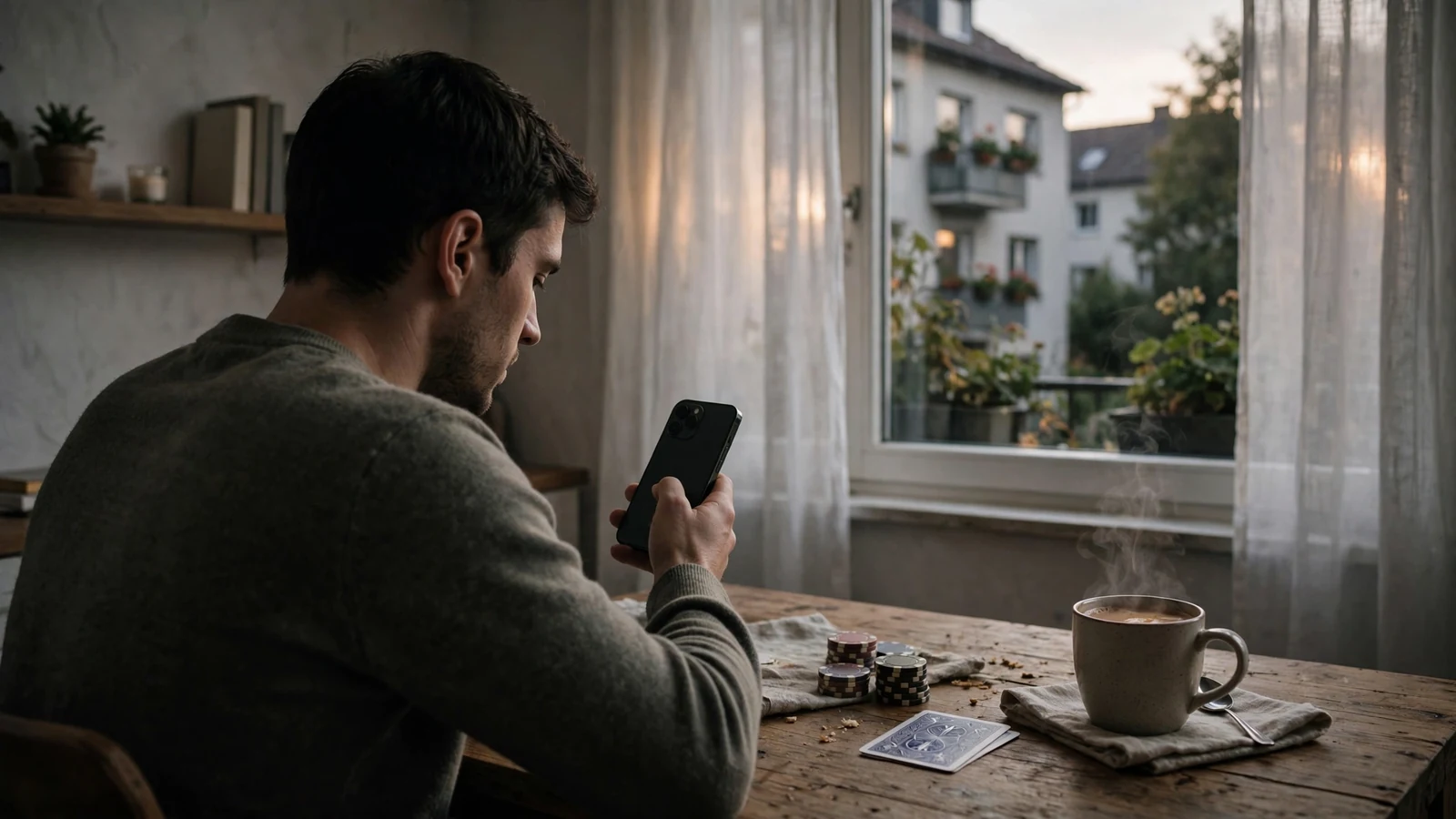 Person mit Smartphone und Casino-Chips am Tisch in moderner Wohnung