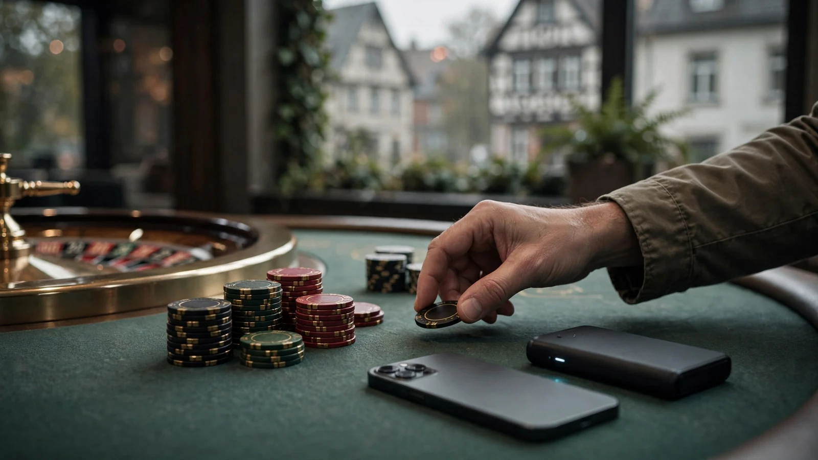 Roulette-Tisch mit Chips und Hardware-Wallet für Krypto-Zahlung