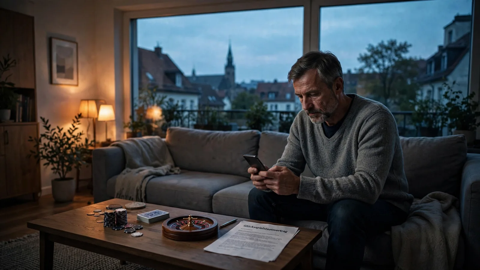 Mann mit Smartphone, Casino-Chips und Roulette auf dem Tisch in einem deutschen Wohnzimmer bei Dämmerung.