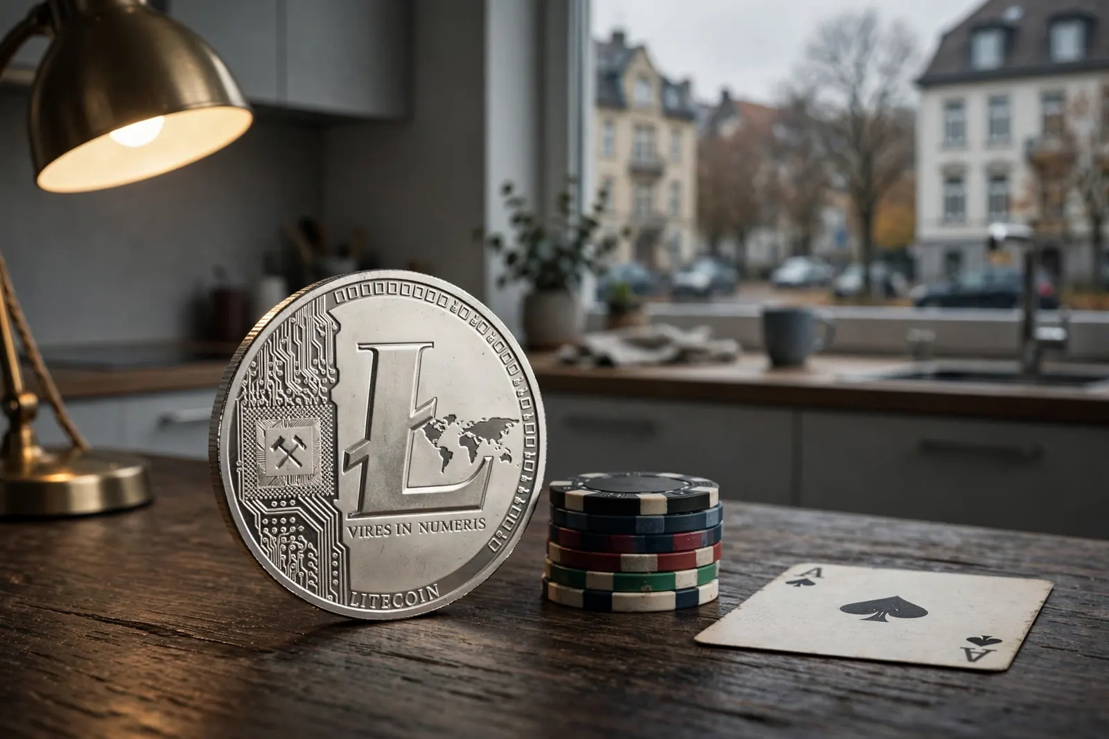 Litecoin-Münze mit Casino-Chips auf einem Tisch in moderner deutscher Wohnung.