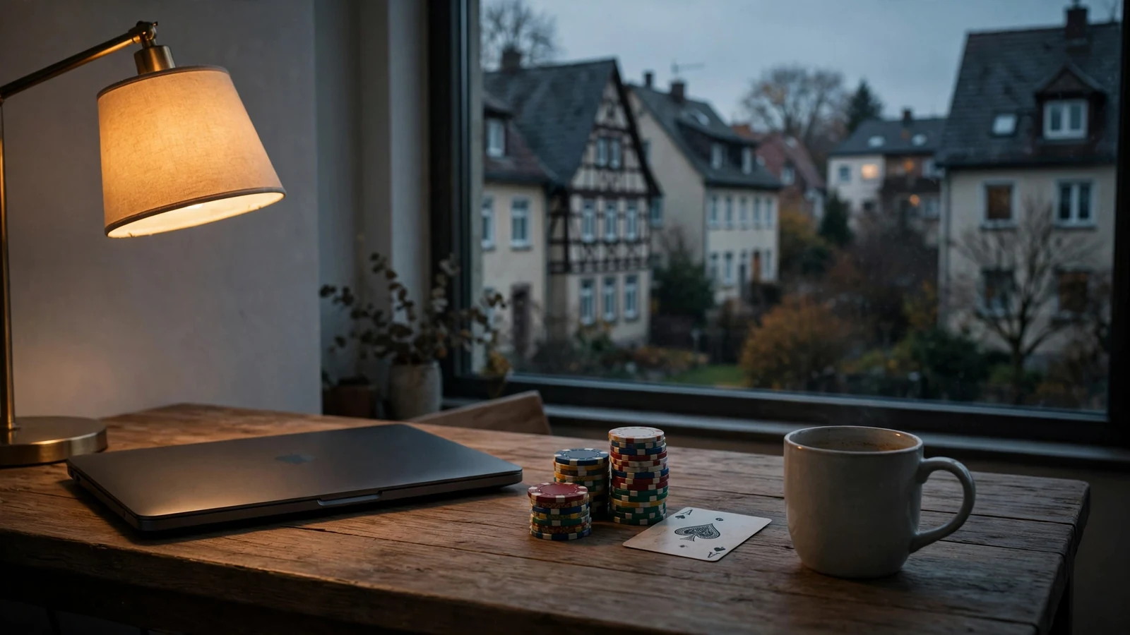 Abendlicher deutscher Schreibtisch mit Casino-Chips, Spielkarte und geschlossenem Laptop.