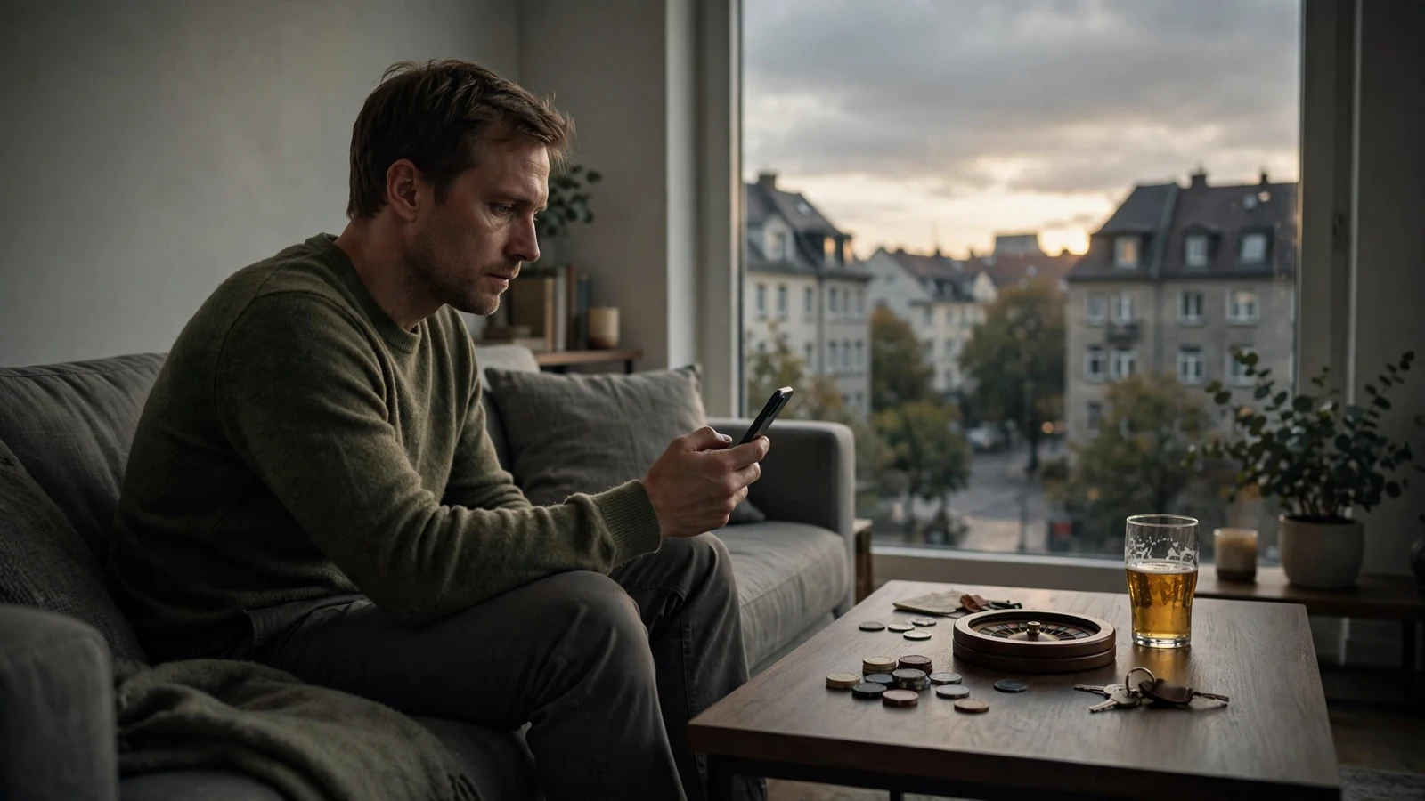 Spieler entspannt zu Hause mit Smartphone und Casino-Chips auf dem Tisch