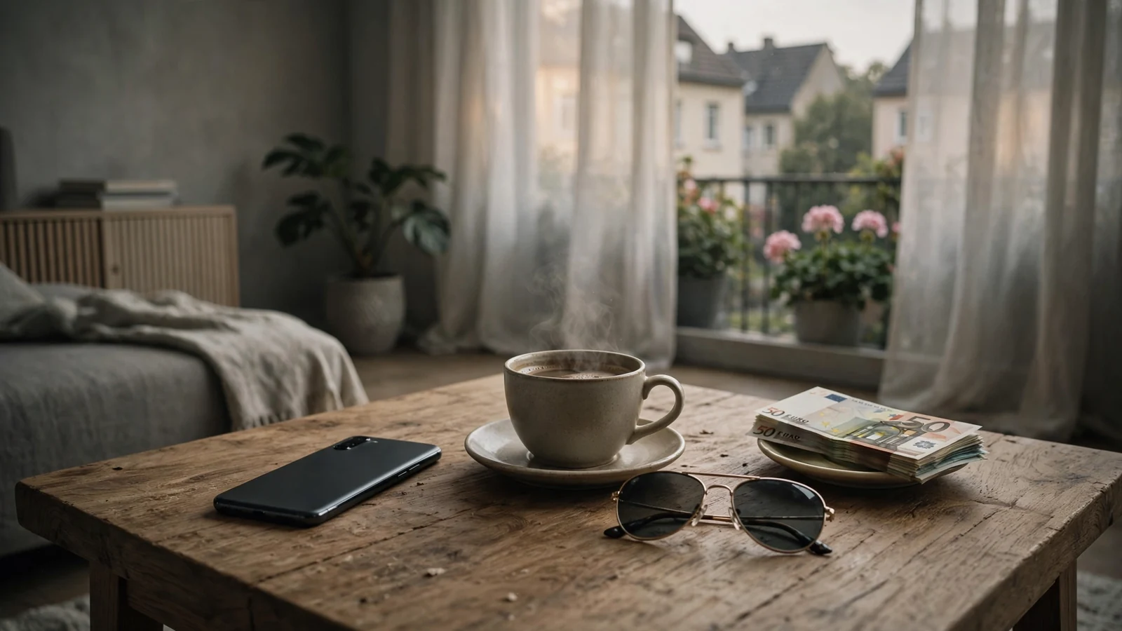 Smartphone auf dem Couchtisch neben Kaffee und Euro-Geldscheinen