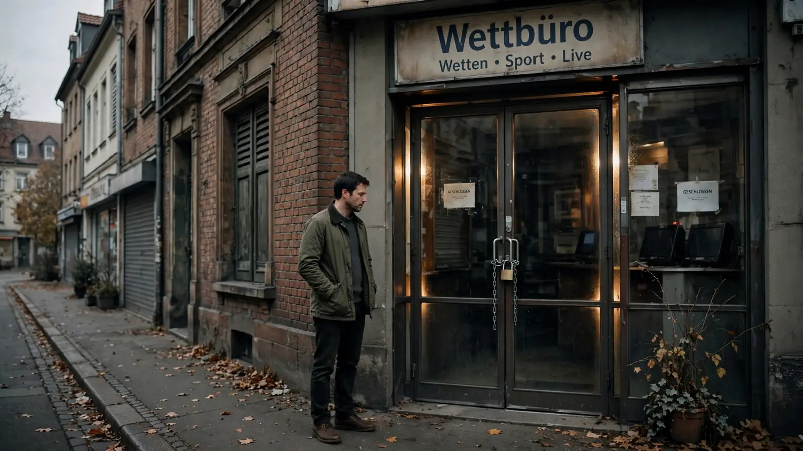 Mit Vorhängeschloss versperrte Eingangstür eines Wettladens in einer deutschen Straße.