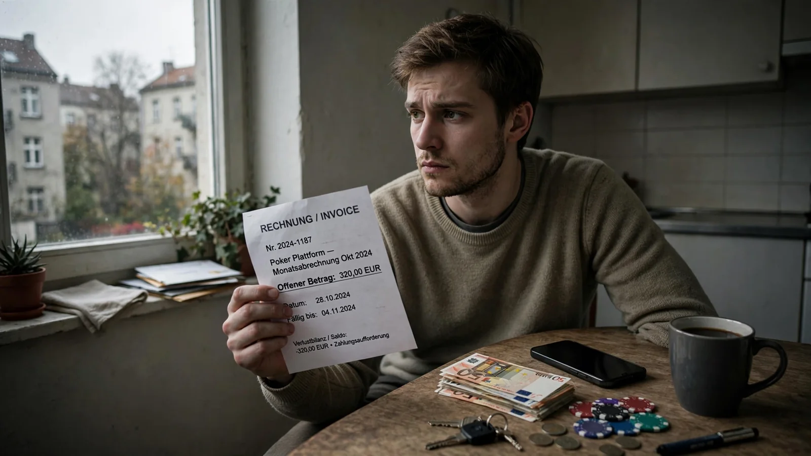Mann betrachtet Rechnung am Tisch mit Smartphone und Casino-Chips