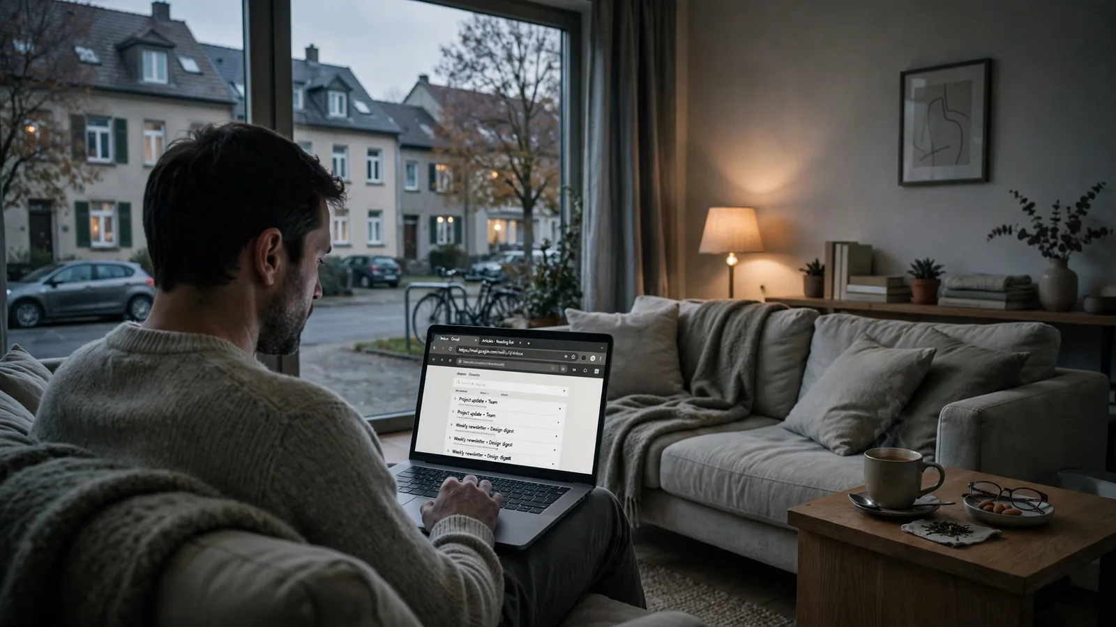 Person entspannt auf der Couch mit Laptop im warm beleuchteten deutschen Wohnzimmer.