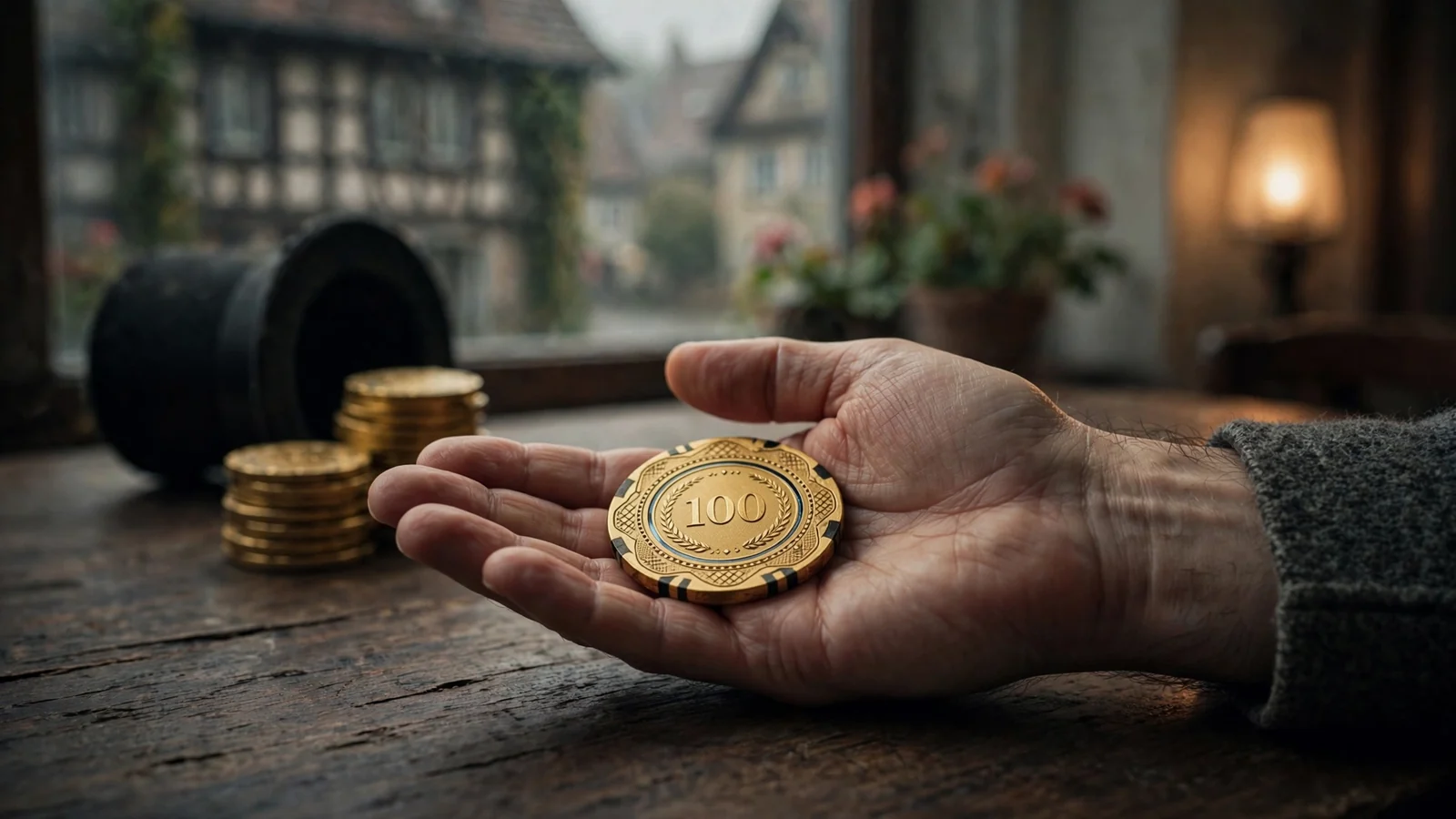 Goldene Casino-Chip auf offener Hand neben Stapel auf Holztisch