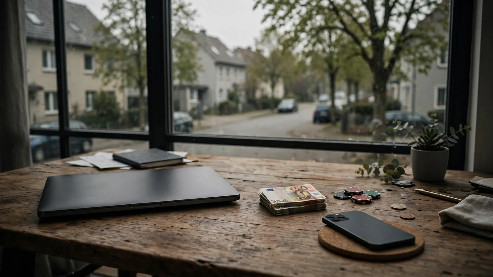Schreibtisch mit geschlossenem Laptop, Euro-Scheinen und Casino-Chips bei Tageslicht.